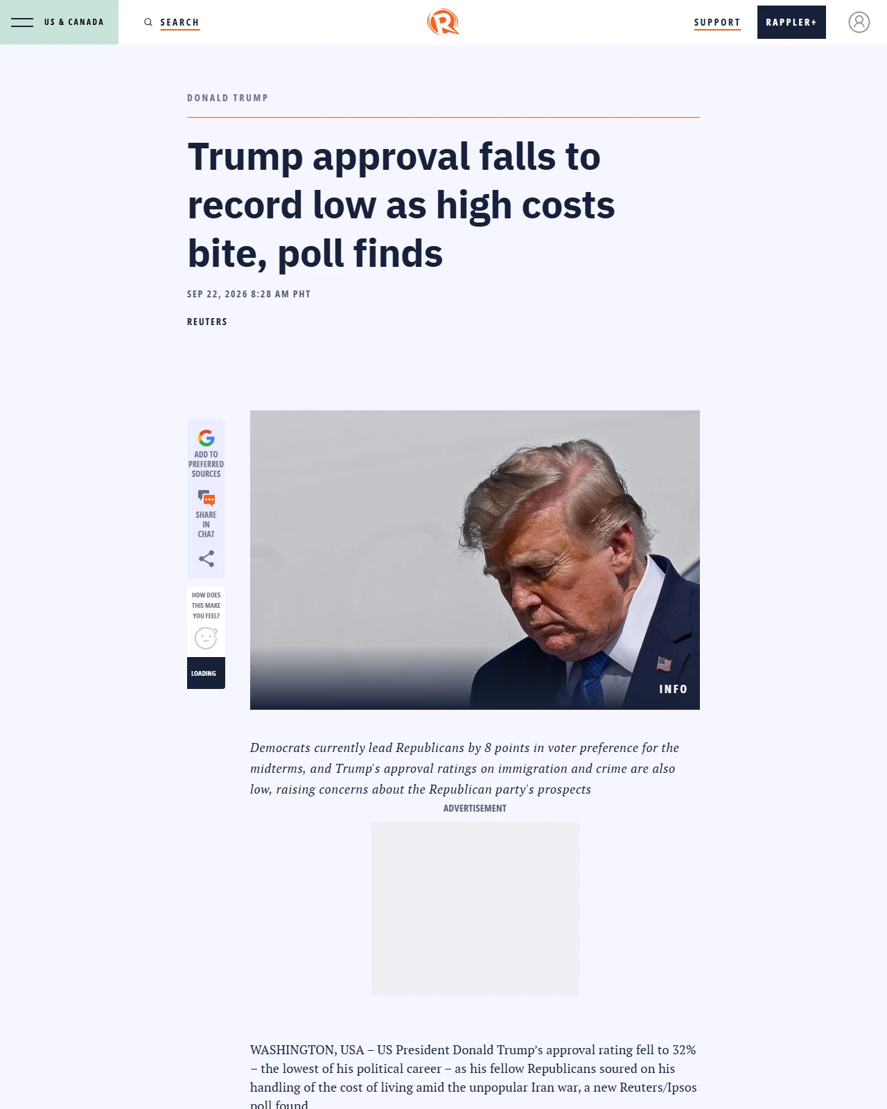 rappler.com as published: Trump approval falls to record low as high costs bite, poll finds