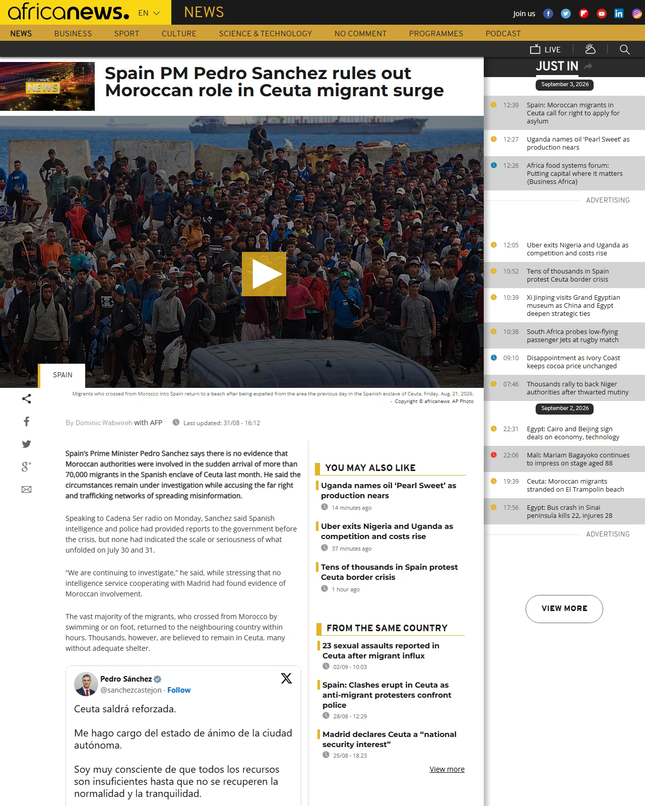 africanews.com as published: Spain PM Pedro Sanchez rules out Moroccan role in Ceuta migrant surge