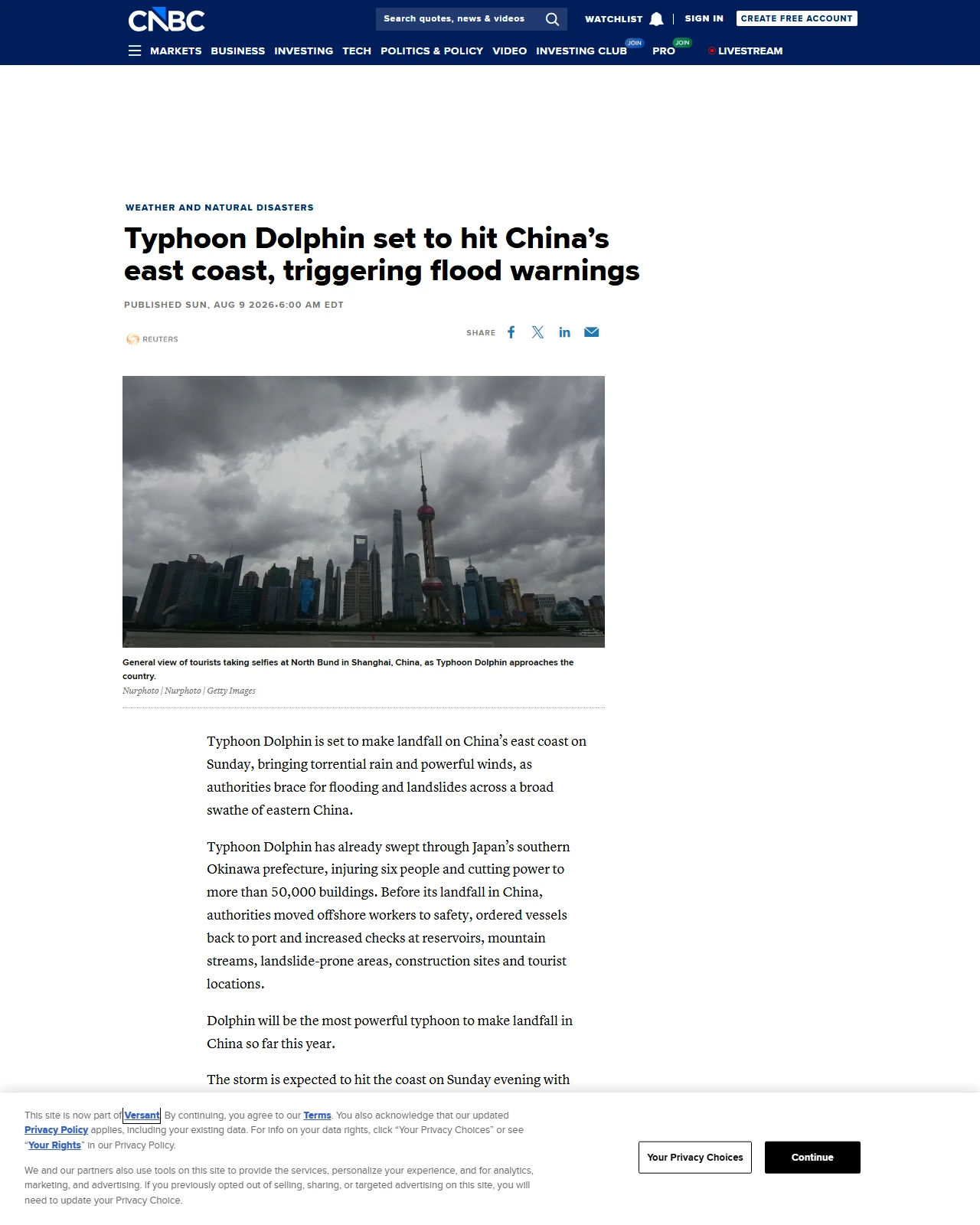 cnbc.com as published: Typhoon Dolphin set to hit China's east coast, triggering flood warnings