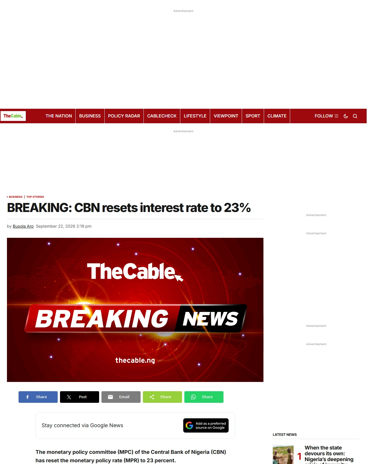 thecable.ng as published: BREAKING: CBN resets interest rate to 23%
