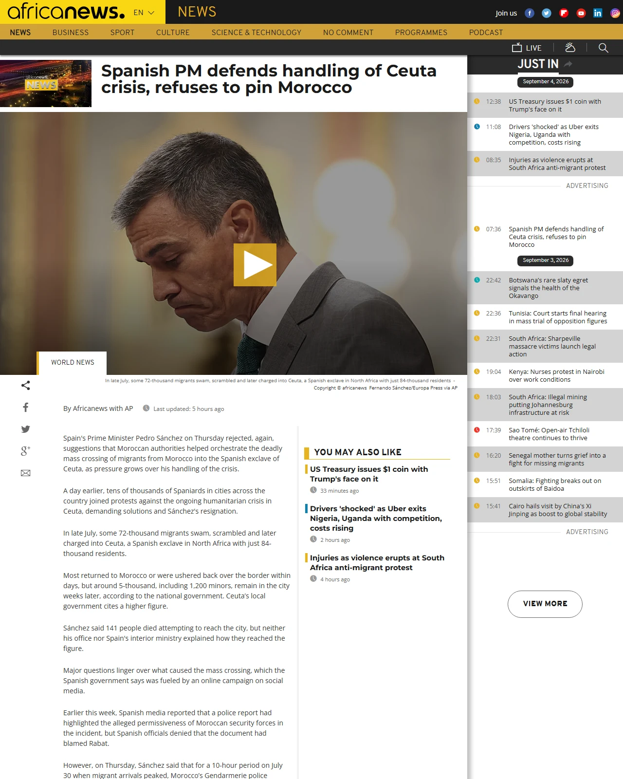 africanews.com as published: Spanish PM defends handling of Ceuta crisis, refuses to pin Morocco