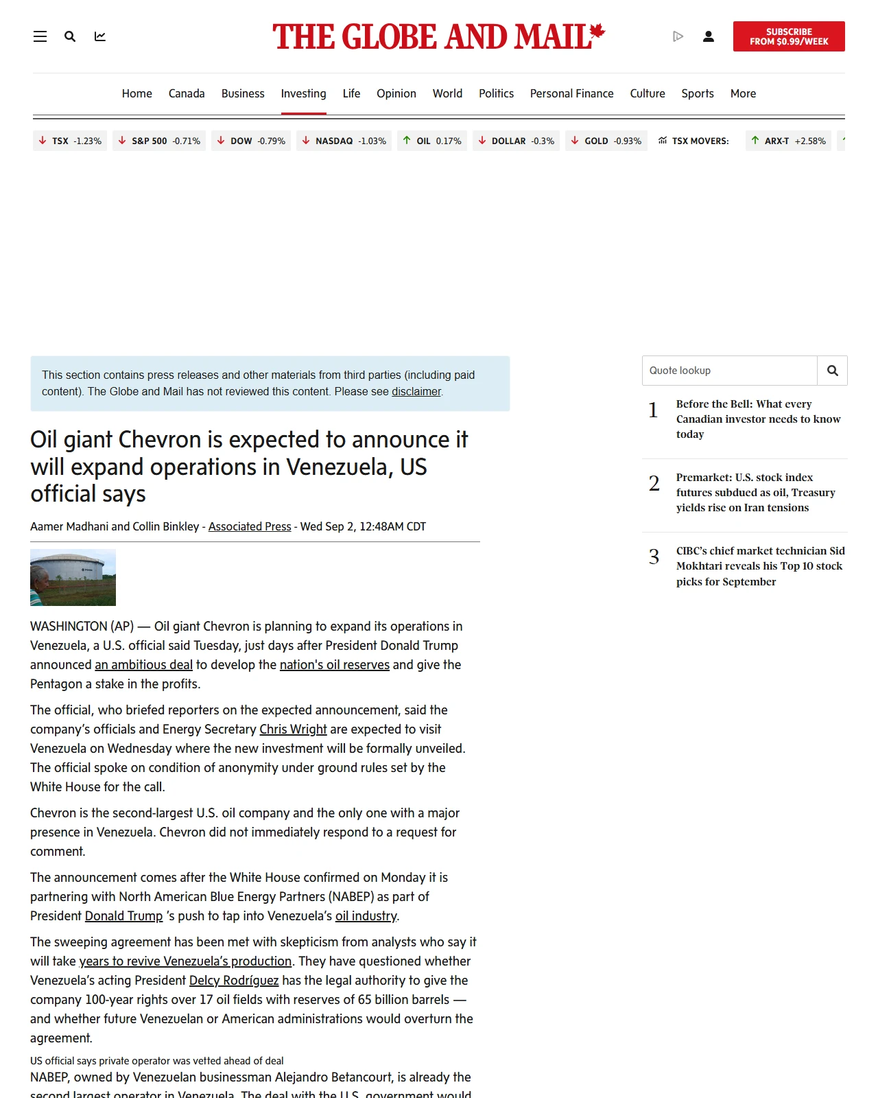 theglobeandmail.com as published: Oil giant Chevron is expected to announce it will expand operations in Venezuela, US official says