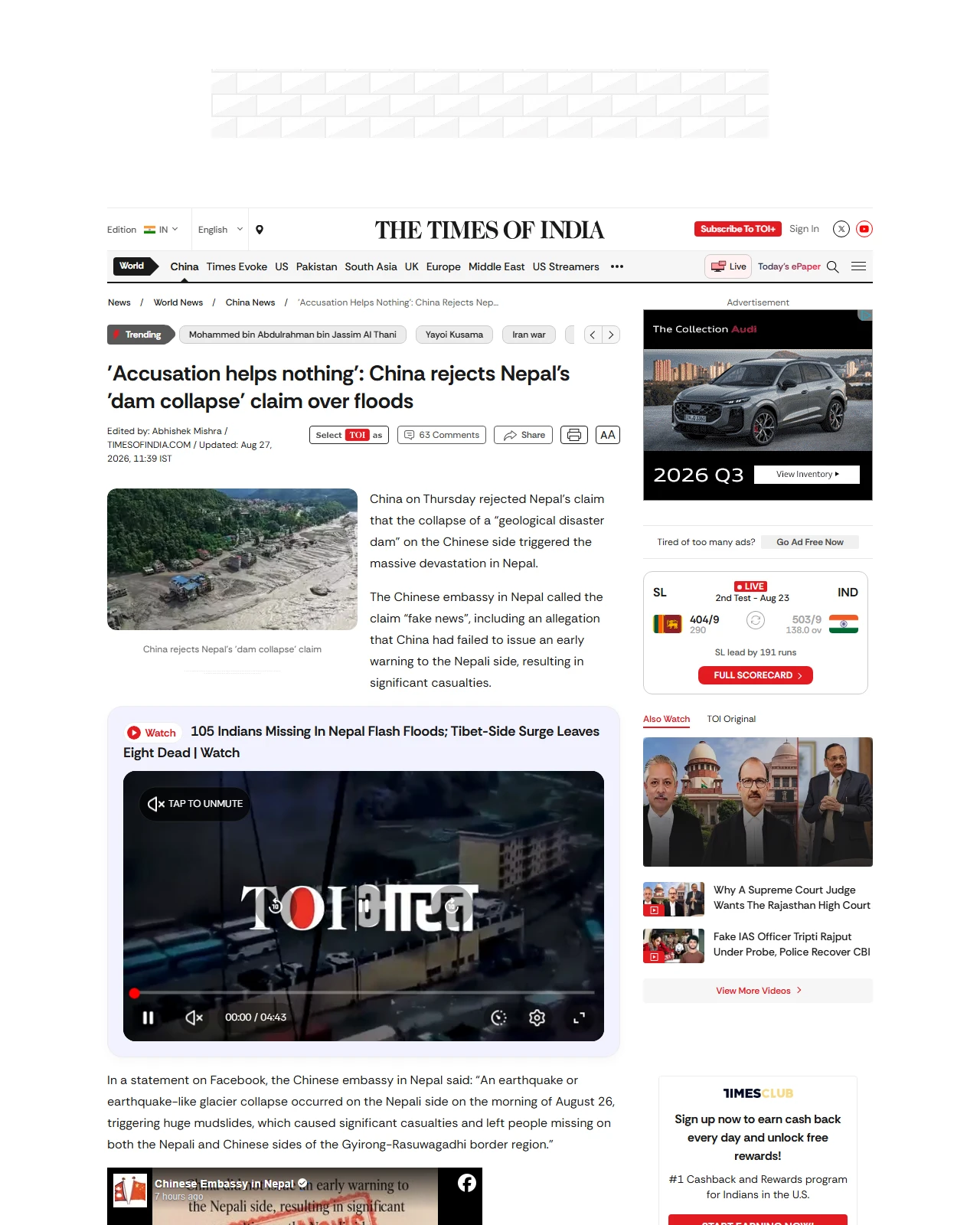 timesofindia.indiatimes.com as published: 'Accusation helps nothing': China rejects Nepal's 'dam collapse' claim over floods
