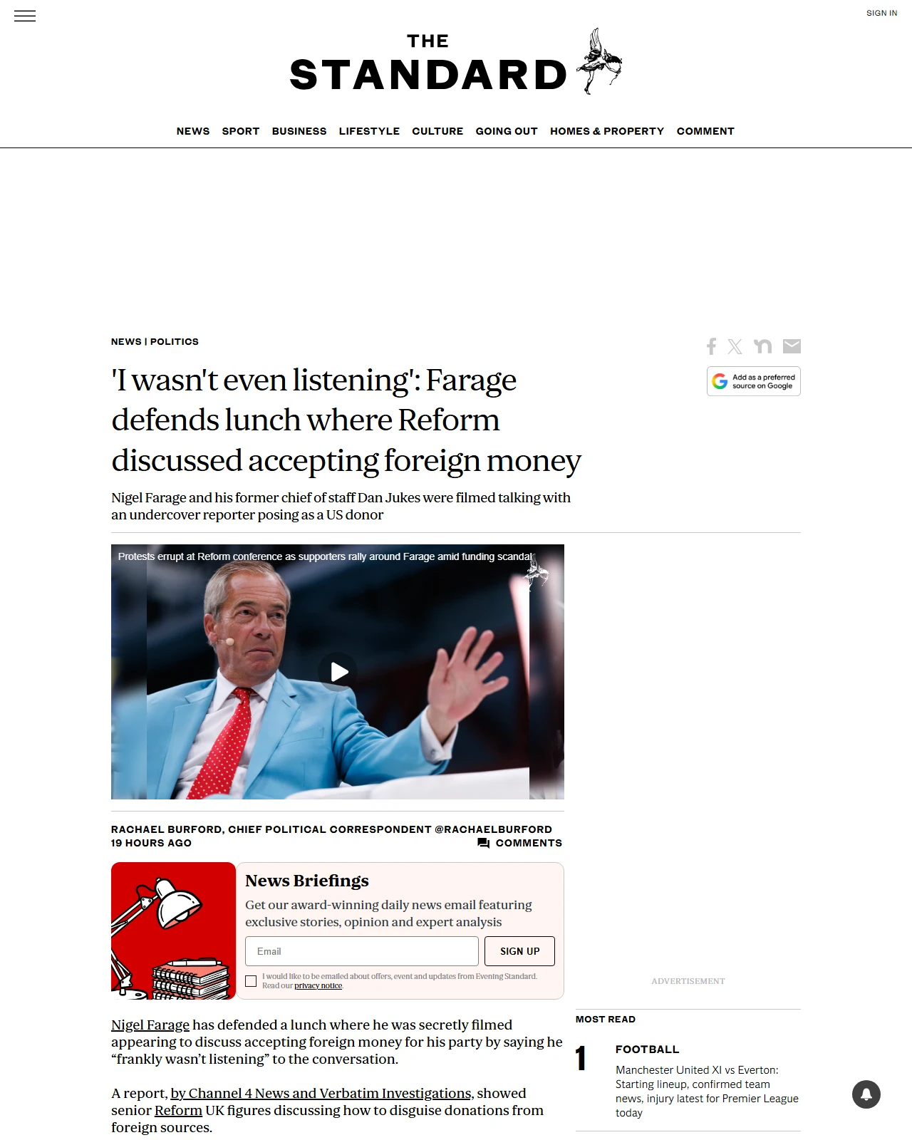 standard.co.uk as published: 'I wasn't even listening': Farage defends lunch where Reform discussed accepting foreign money