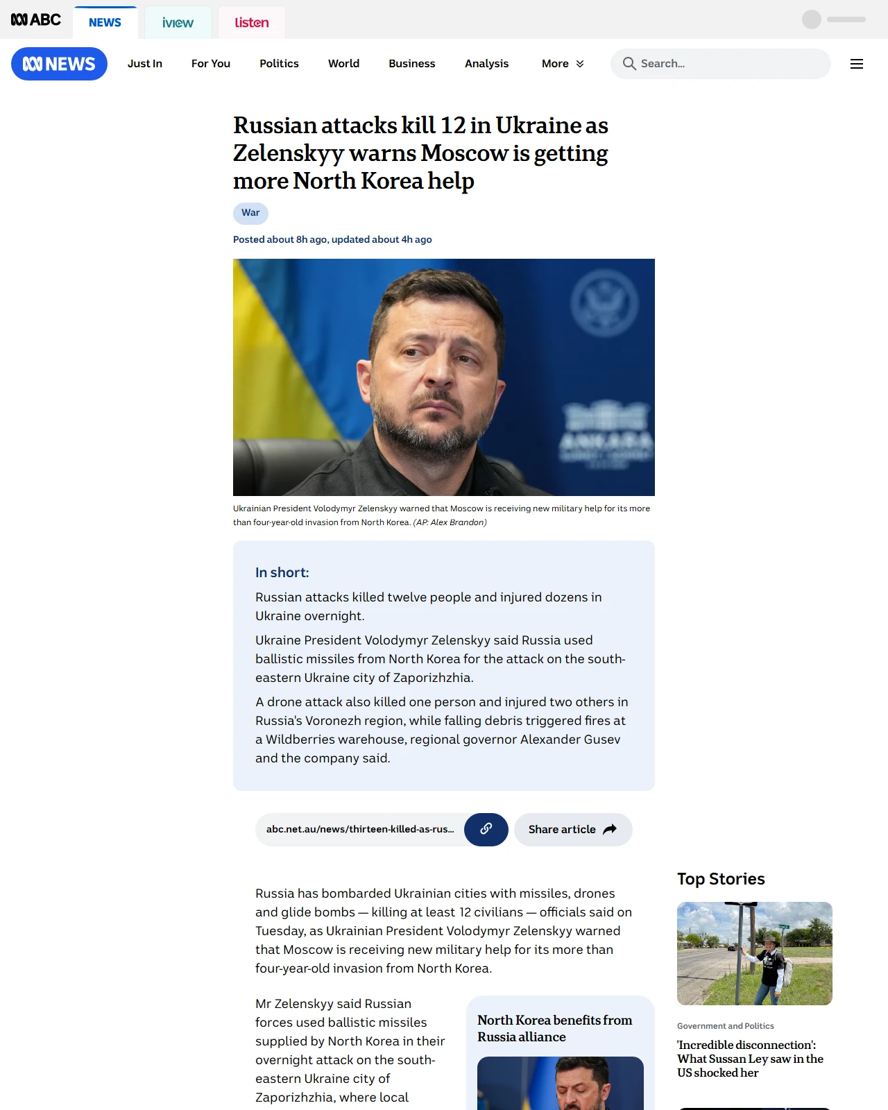 abc.net.au as published: Russia used North Korean missiles in Ukraine attack, Zelenskyy says