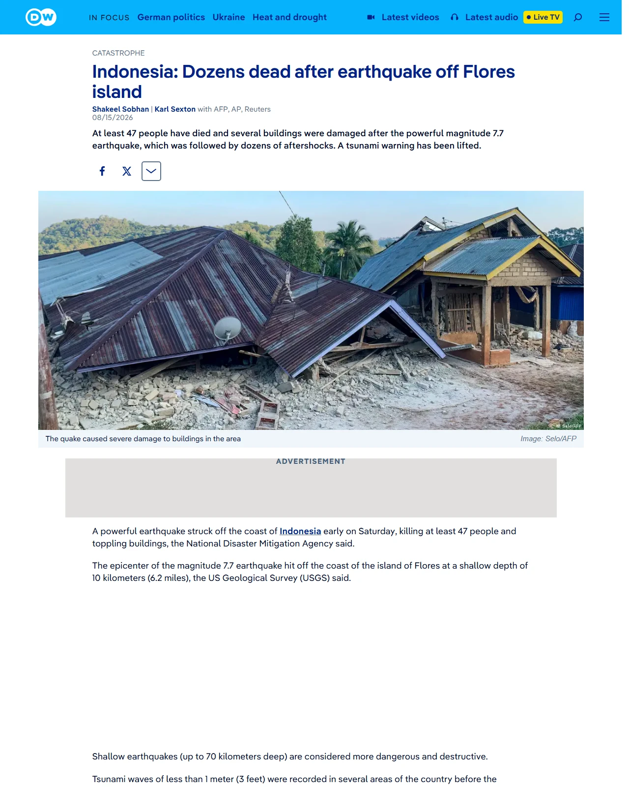 dw.com as published: Indonesia: Dozens dead after earthquake off Flores island