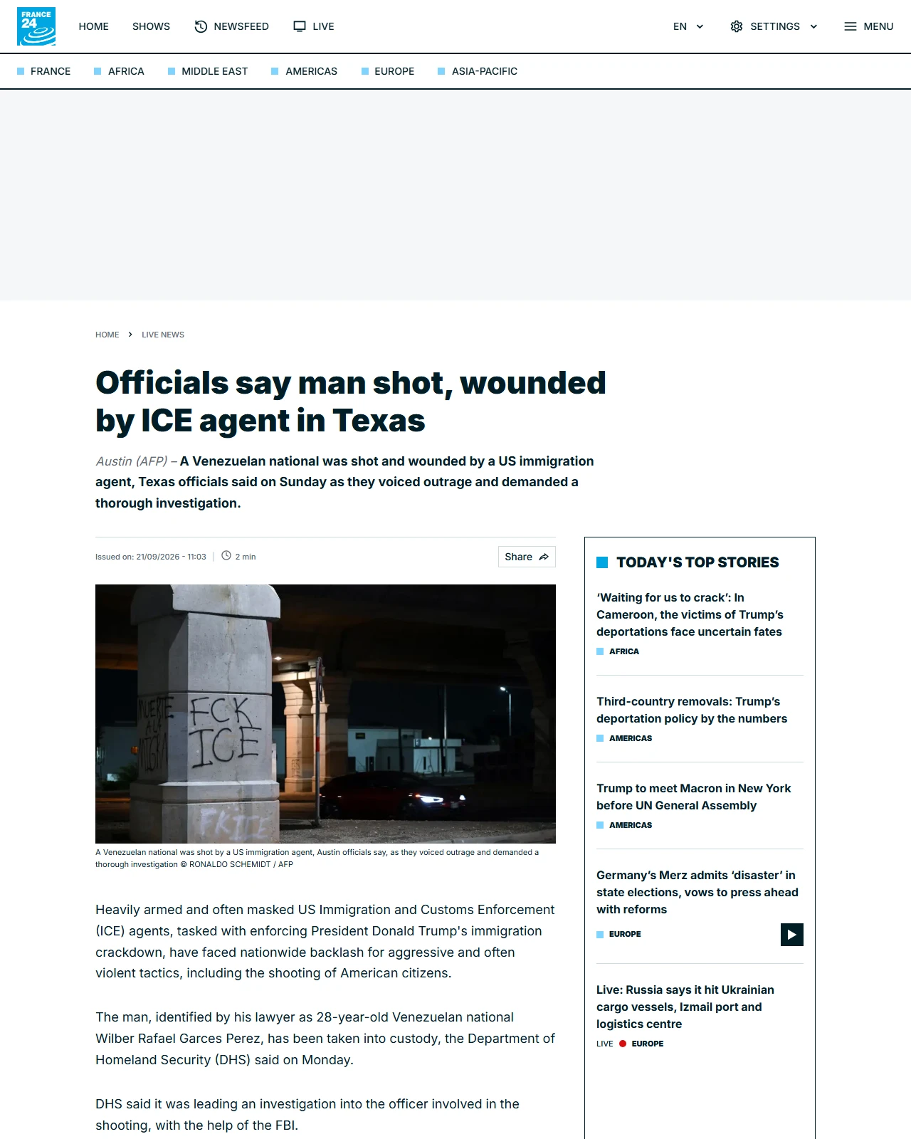 france24.com as published: Officials say man shot, wounded by ICE agent in Texas
