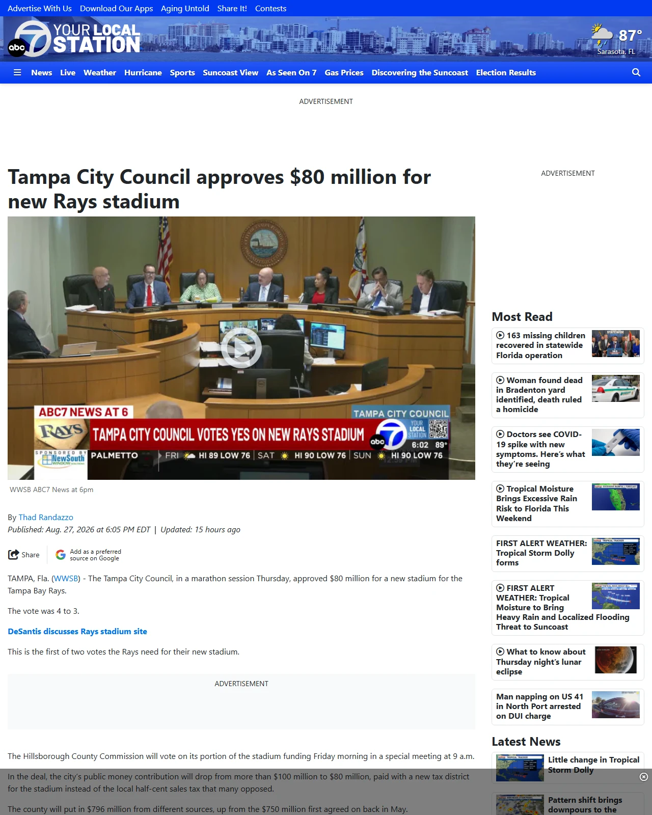 mysuncoast.com as published: Tampa City Council approves $80 million for new Rays stadium