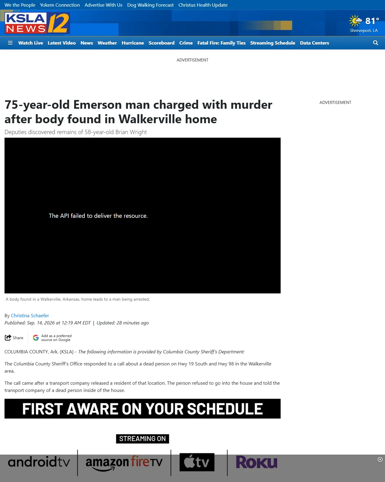 ksla.com as published: 75-year-old Emerson man charged with murder after body found in Walkerville home