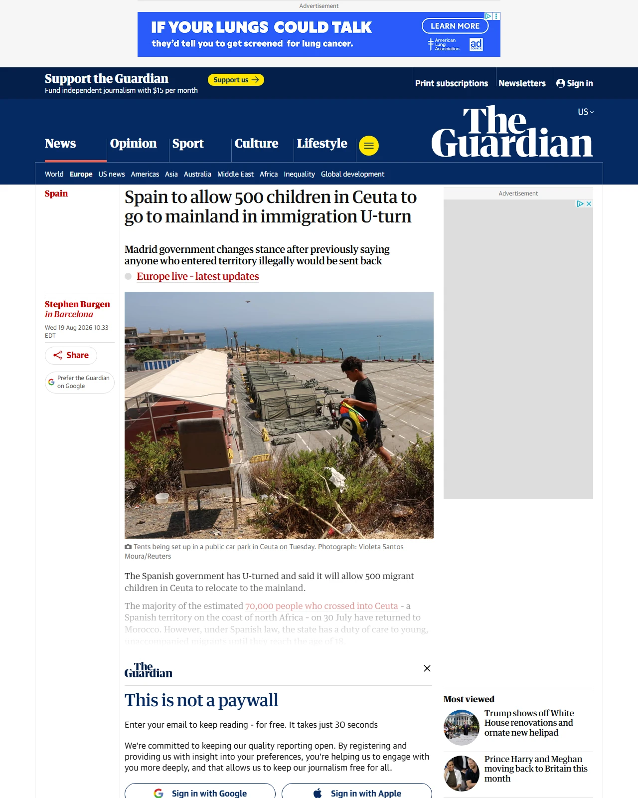 theguardian.com as published: Spain to allow 500 children in Ceuta to go to mainland in immigration U-turn