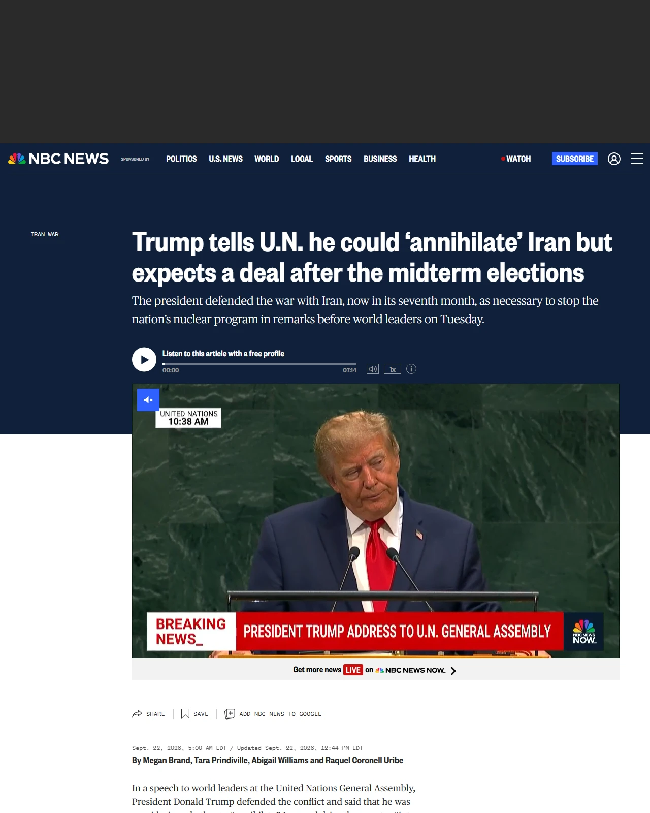 nbcnews.com as published: Trump tells U.N. he could ‘annihilate’ Iran but expects a deal after the midterm elections