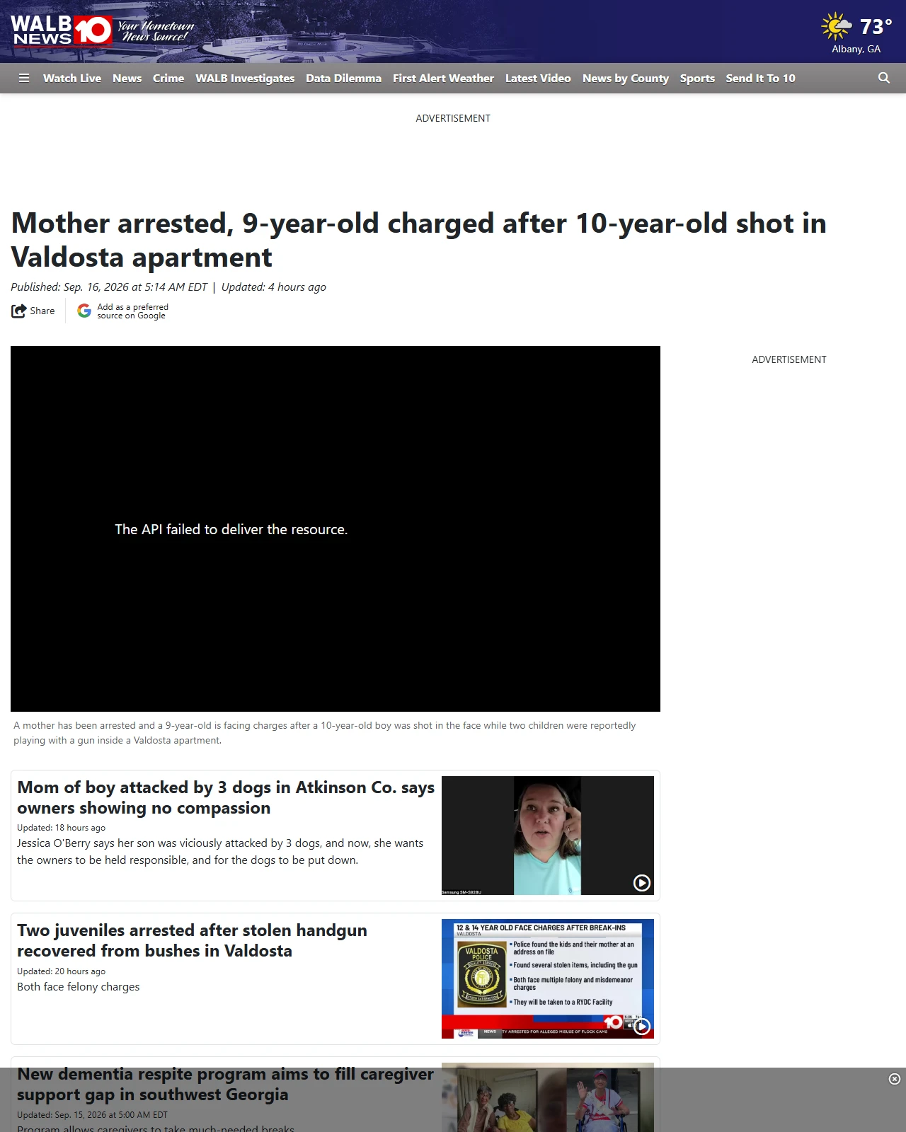 walb.com as published: Mother arrested, 9-year-old charged after 10-year-old shot in Valdosta apartment