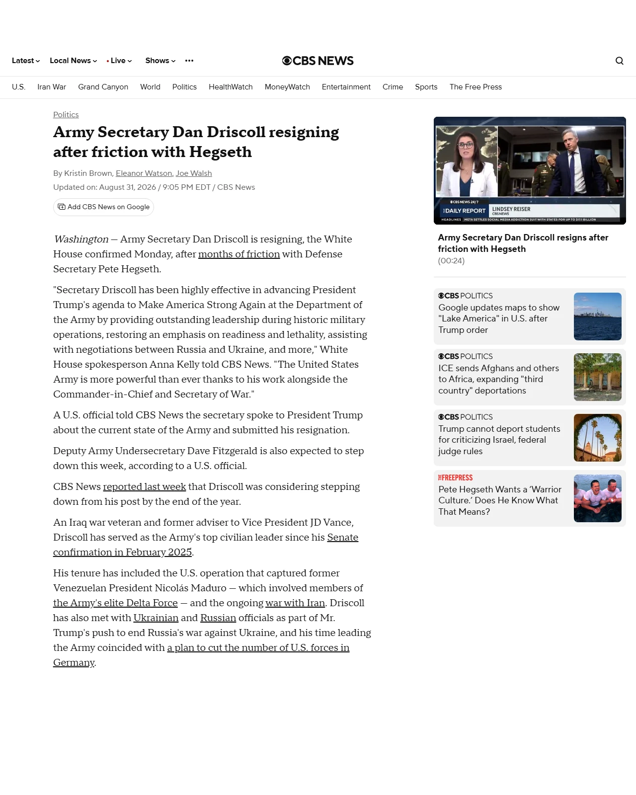 cbsnews.com as published: Army Secretary Dan Driscoll resigning after friction with Hegseth