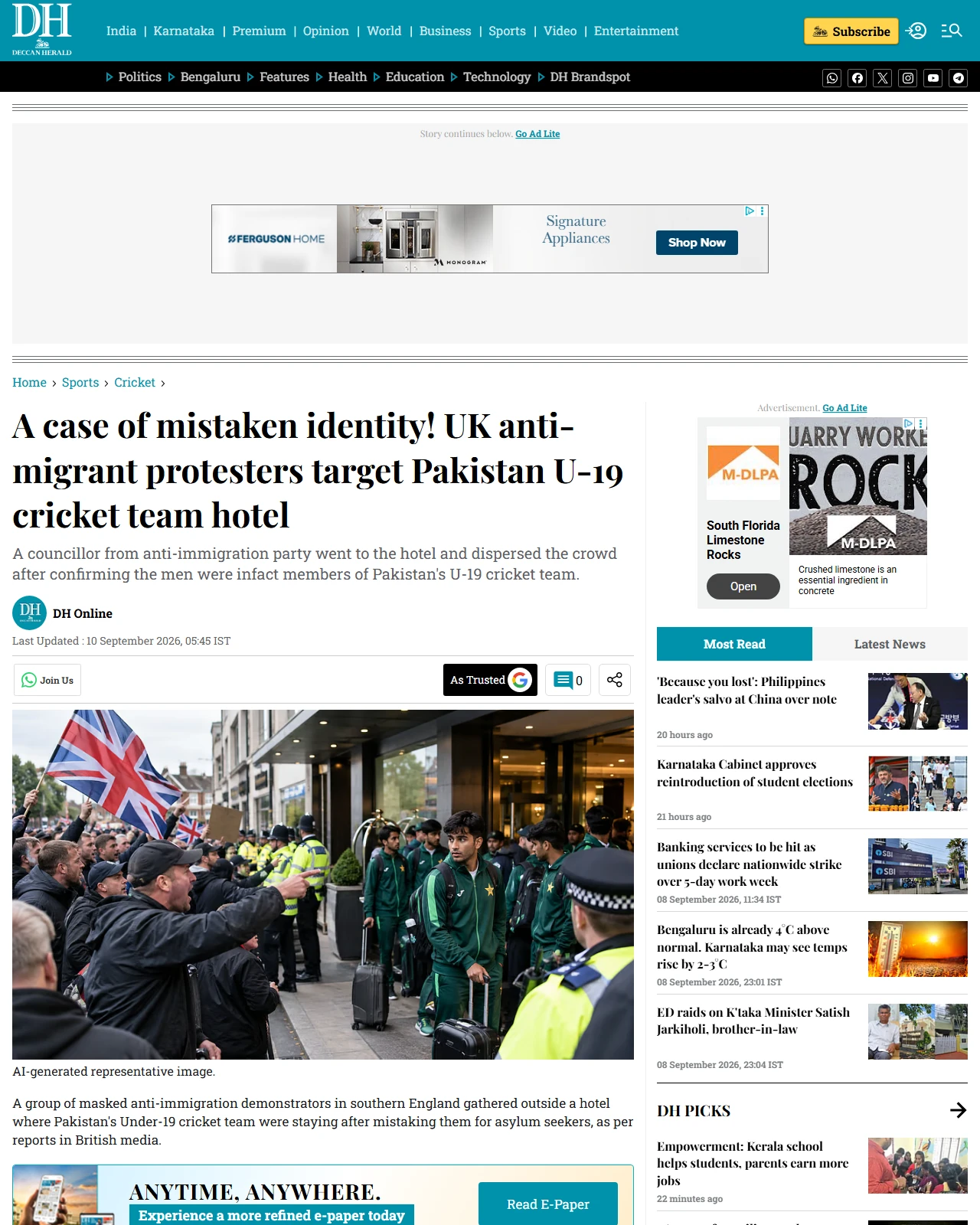 deccanherald.com as published: A case of mistaken identity! UK anti-migrant protesters target Pakistan U-19 cricket team hotel