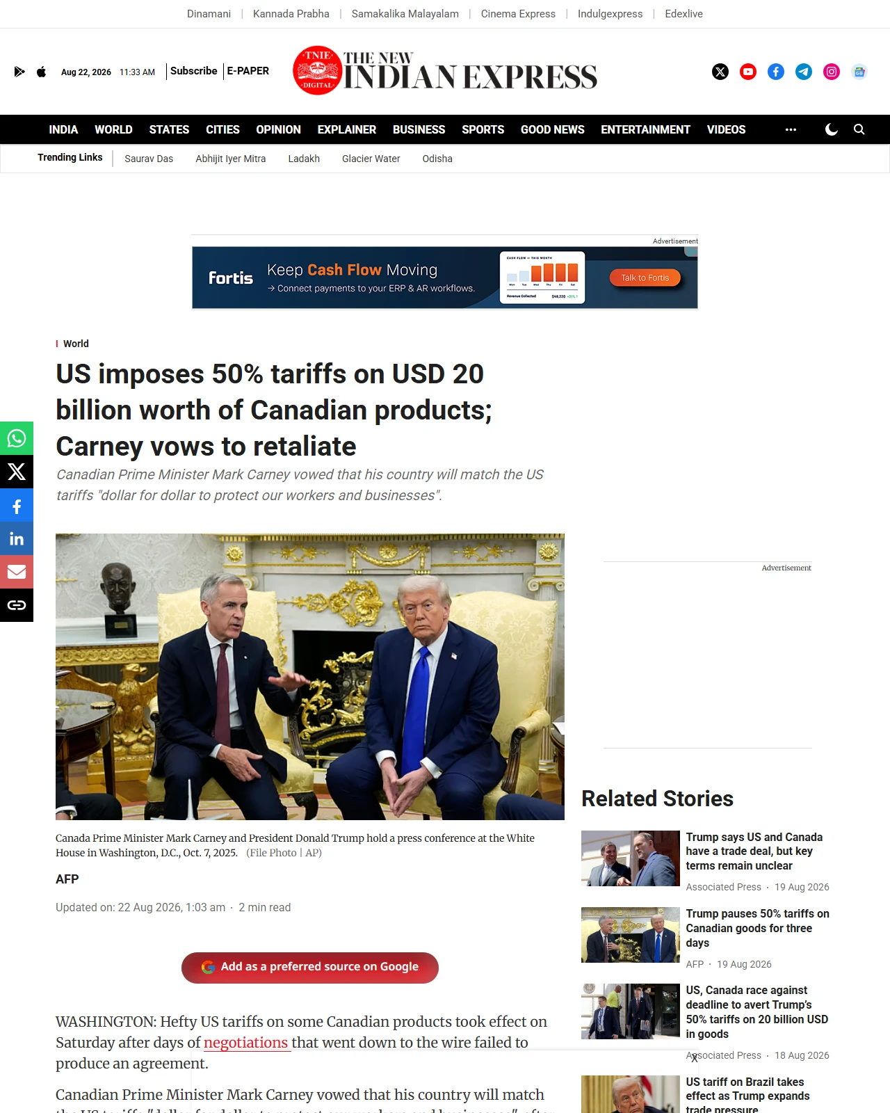 newindianexpress.com as published: US is set to impose 50 per cent tariffs on $20 billion worth of Canadian products