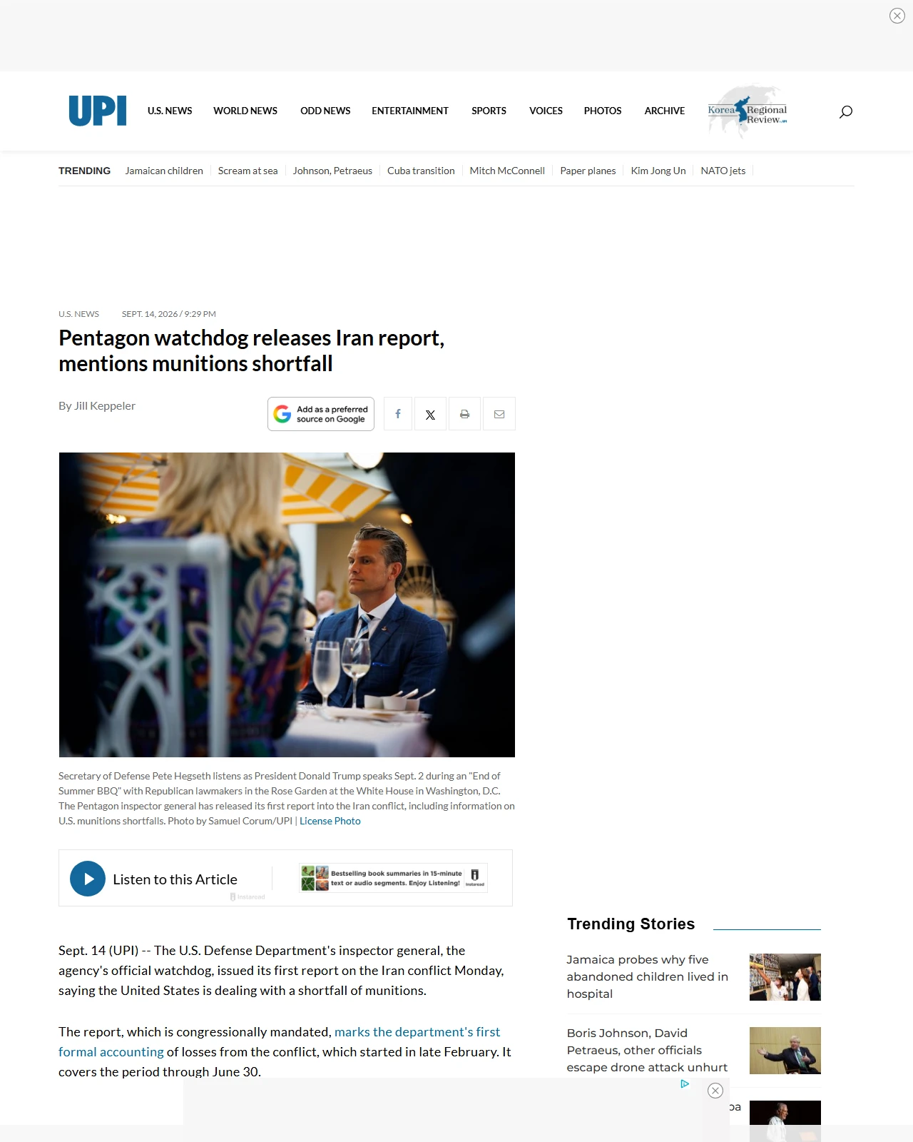 upi.com as published: Pentagon watchdog releases Iran report, mentions munitions shortfall