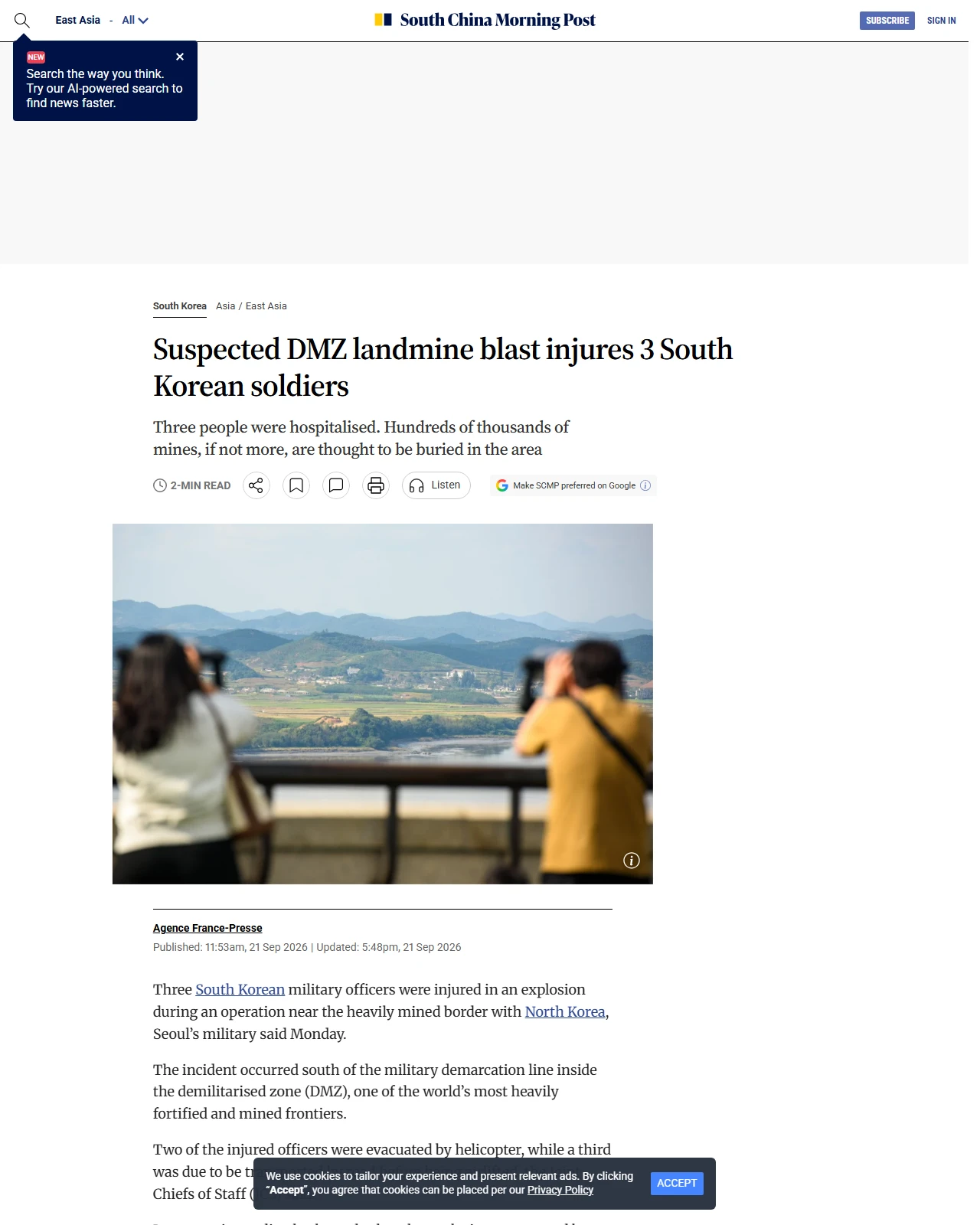 scmp.com as published: Suspected DMZ landmine blast injures 3 South Korean soldiers