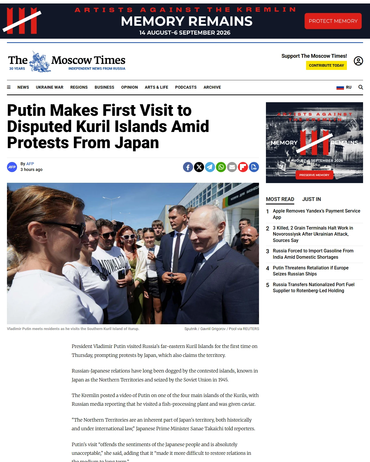 themoscowtimes.com as published: Putin Makes First Visit to Disputed Kuril Islands Amid Protests From Japan