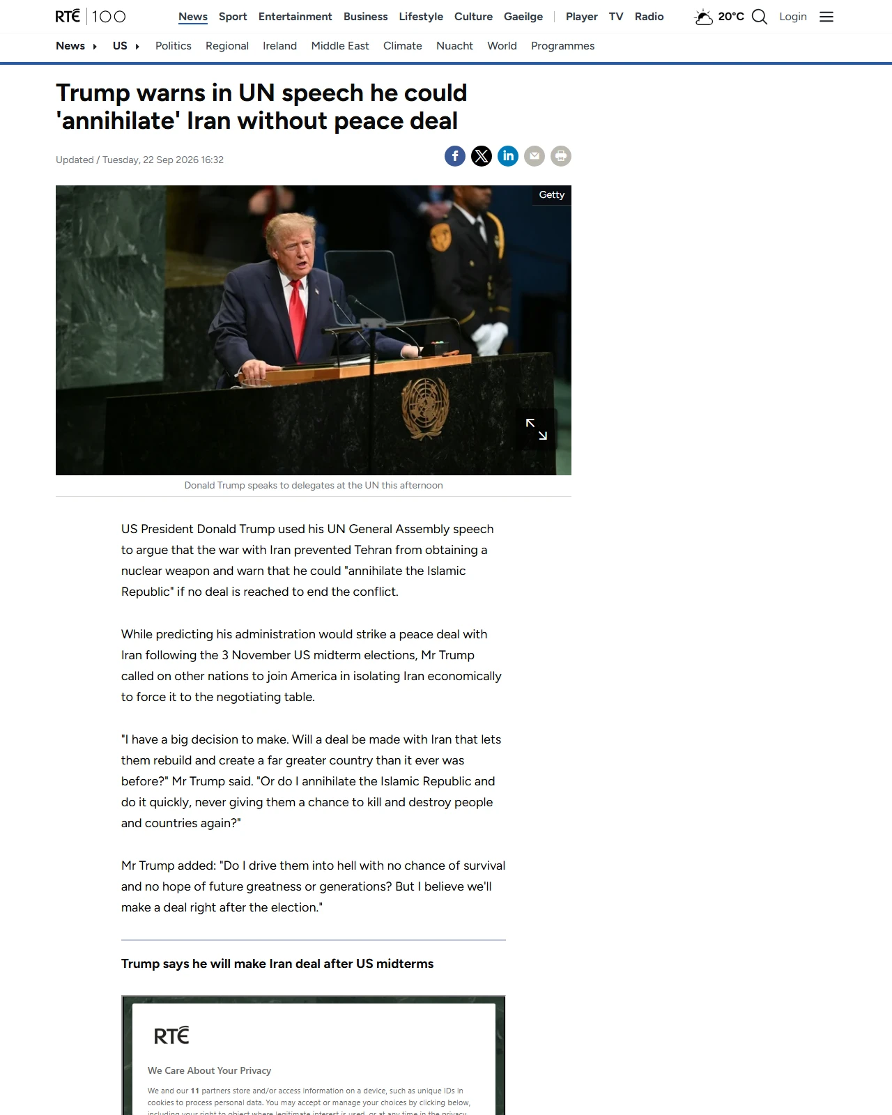 rte.ie as published: Trump warns he could 'annihilate' Iran without deal at UN