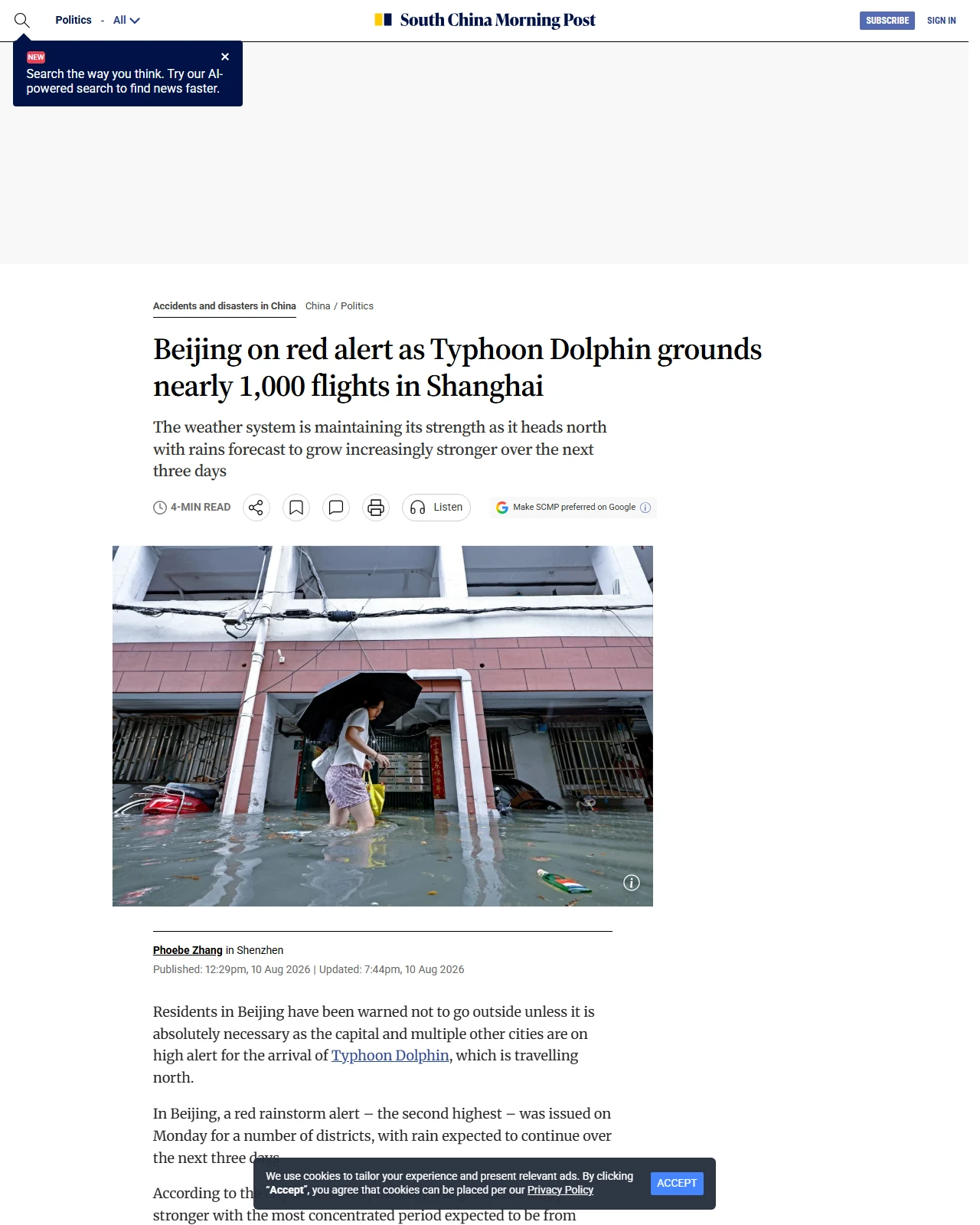 scmp.com as published: Beijing on red alert as Typhoon Dolphin grounds nearly 1,000 flights in Shanghai