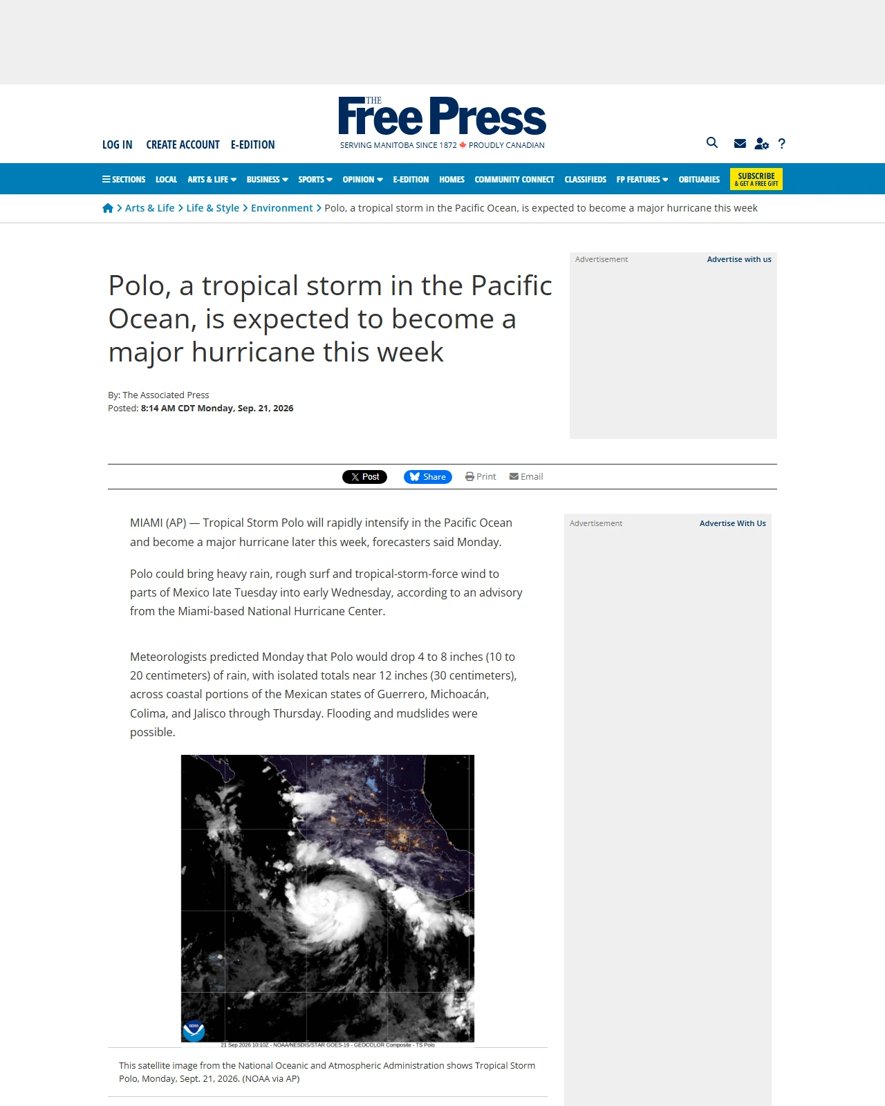 winnipegfreepress.com as published: Polo, a tropical storm in the Pacific Ocean, is expected to become a major hurricane this week
