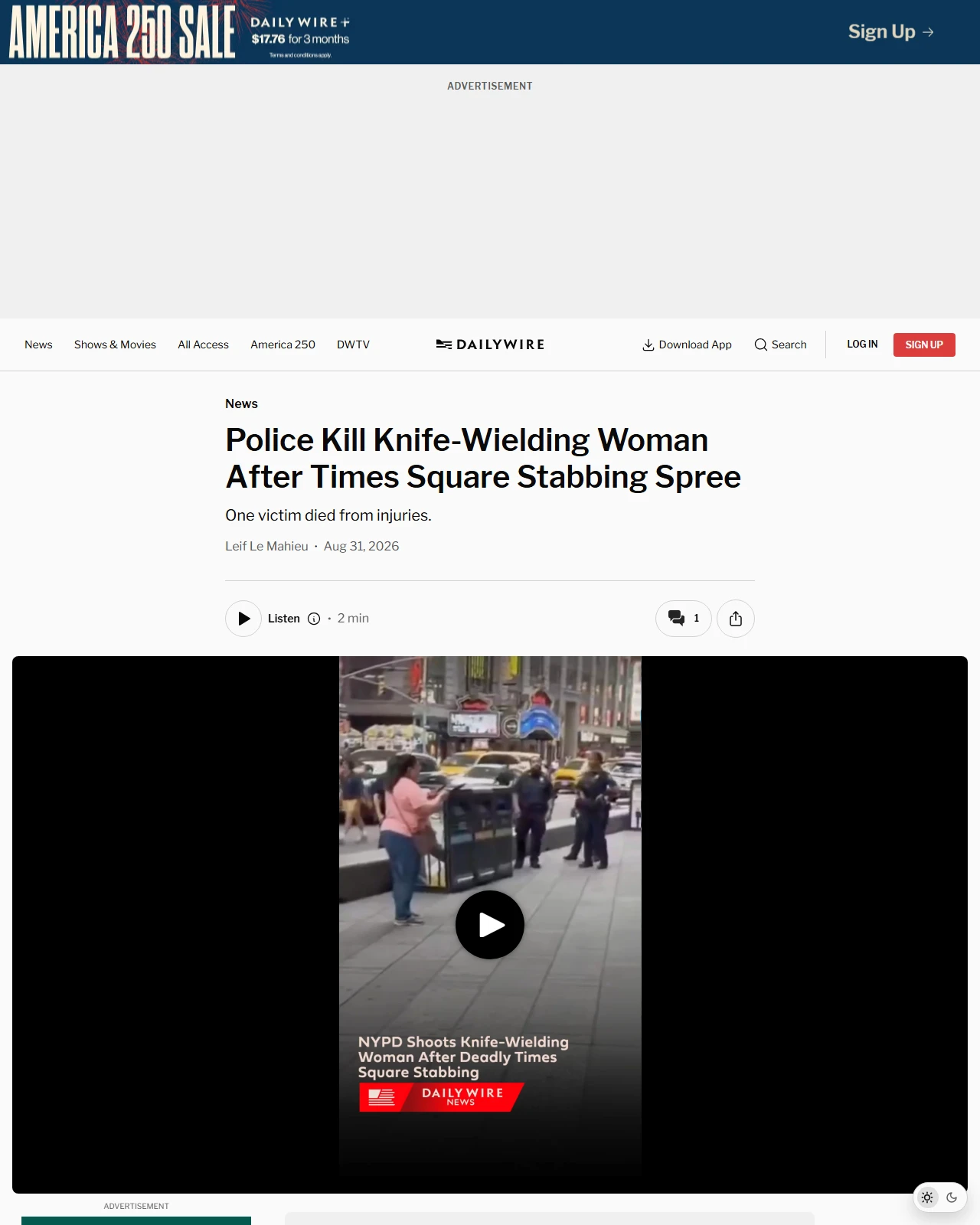dailywire.com as published: Police Kill Knife-Wielding Woman After Times Square Stabbing Spree