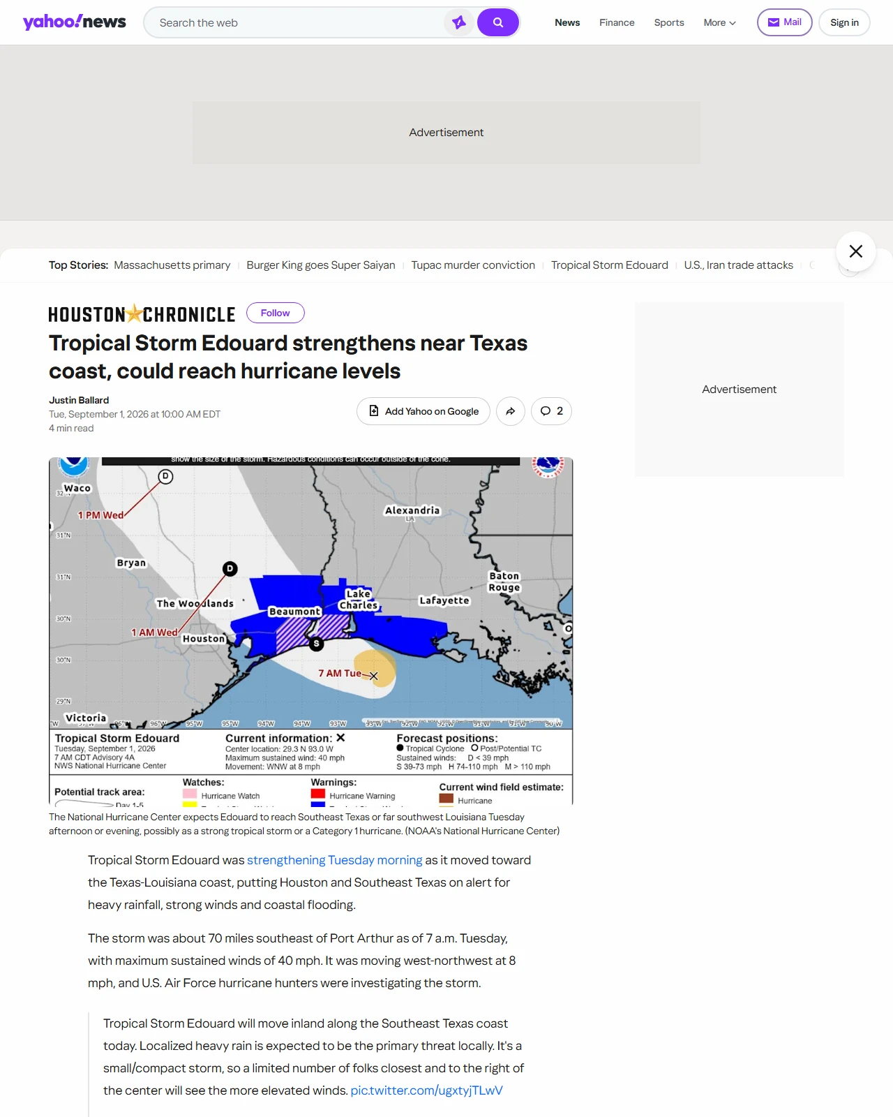 yahoo.com as published: Tropical Storm Edouard strengthens near Texas coast, could reach hurricane levels