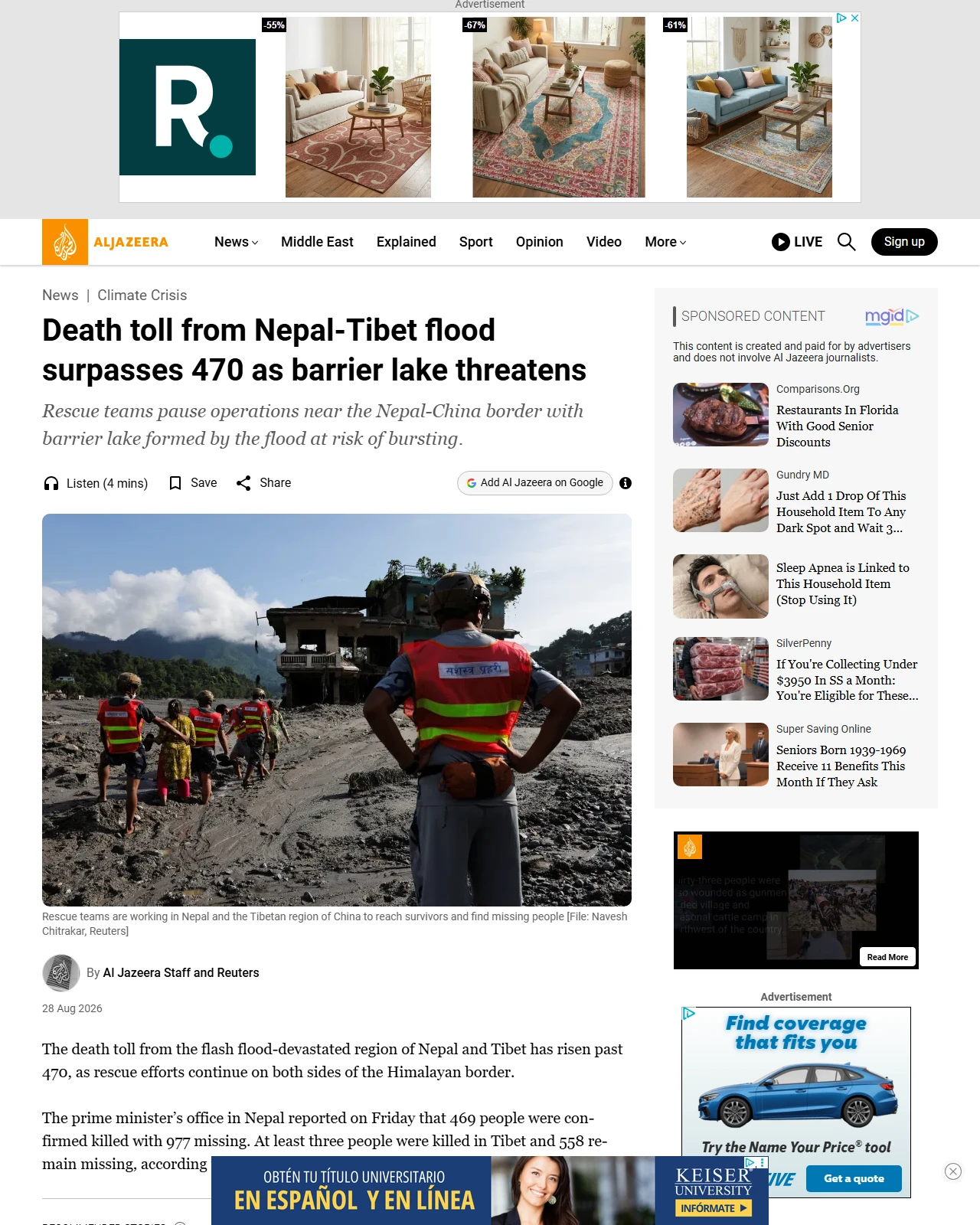 aljazeera.com as published: Death toll from Nepal-Tibet flood surpasses 470 as barrier lake threatens