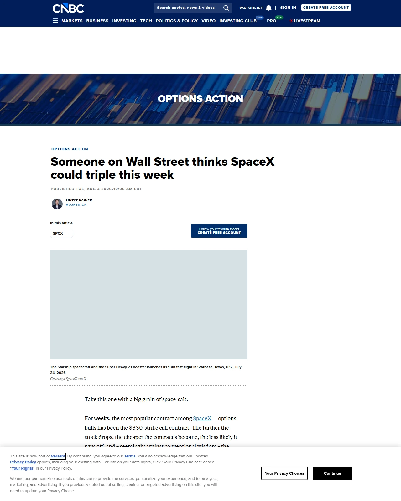 cnbc.com as published: Someone on Wall Street thinks SpaceX could triple this week