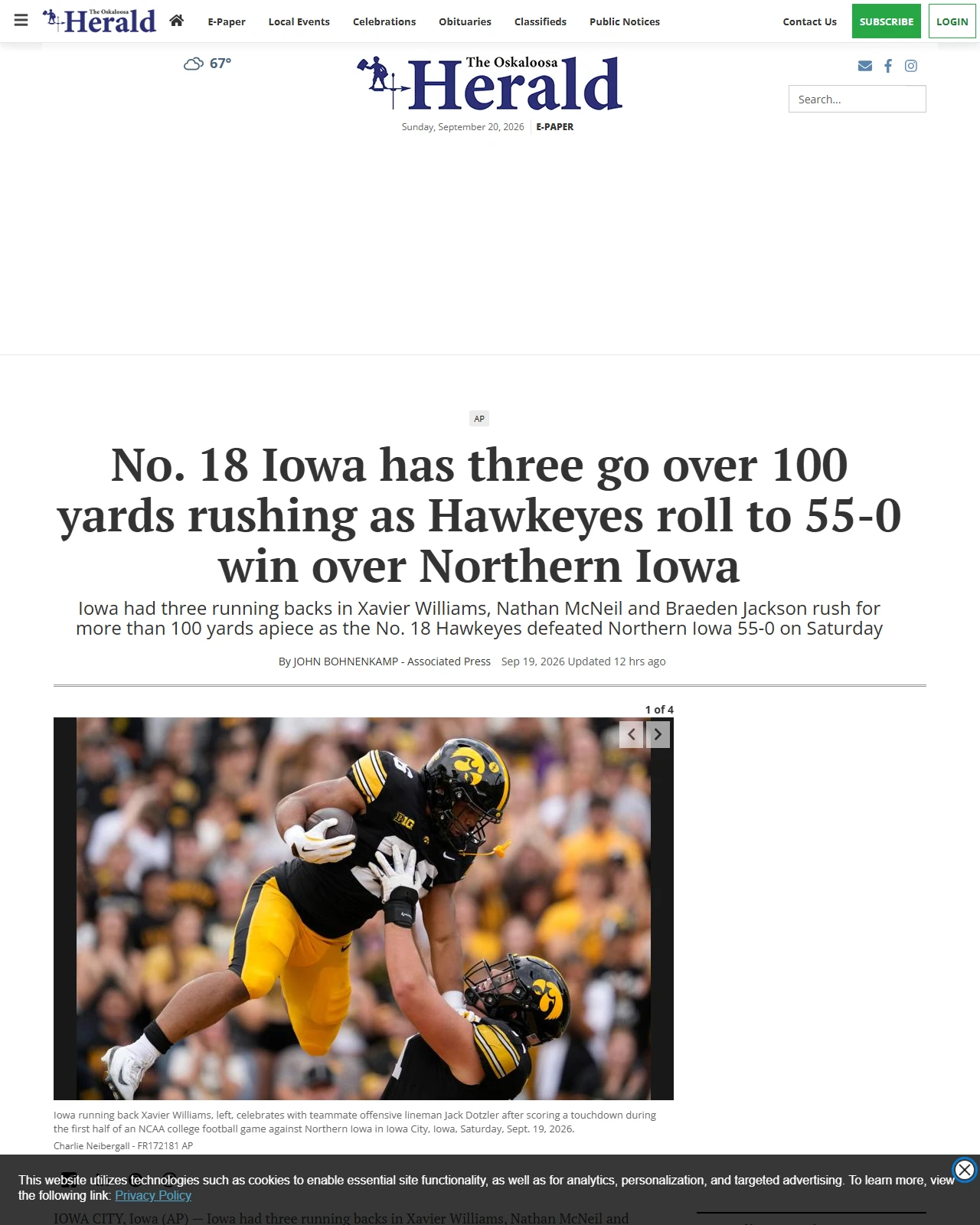 oskaloosa.com as published: No. 18 Iowa has three go over 100 yards rushing as Hawkeyes roll to 55-0 win over Northern Iowa