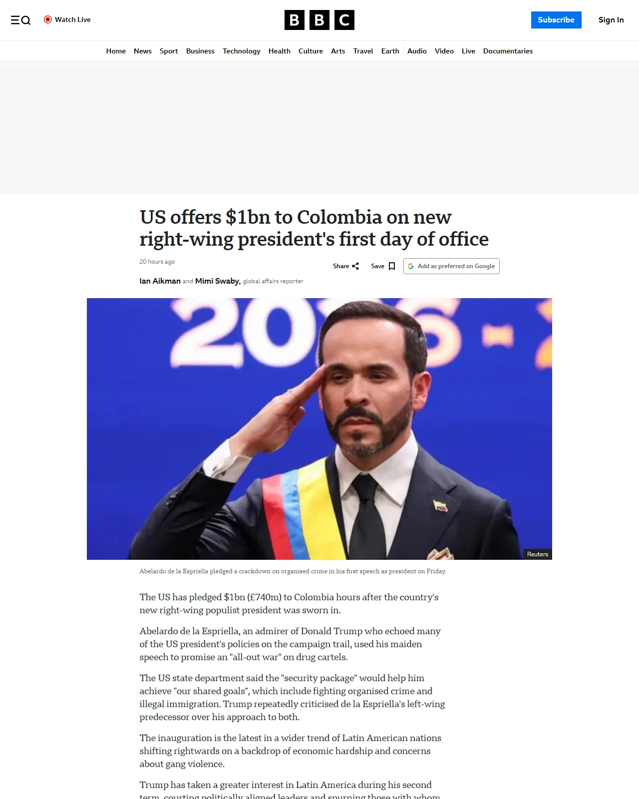 bbc.co.uk as published: US offers $1bn to Colombia on new right-wing president's first day of office