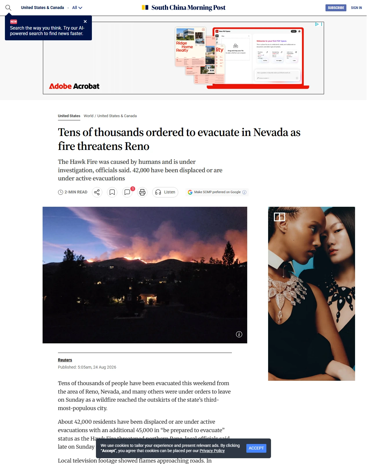 scmp.com as published: Tens of thousands ordered to evacuate in Nevada as fire threatens Reno