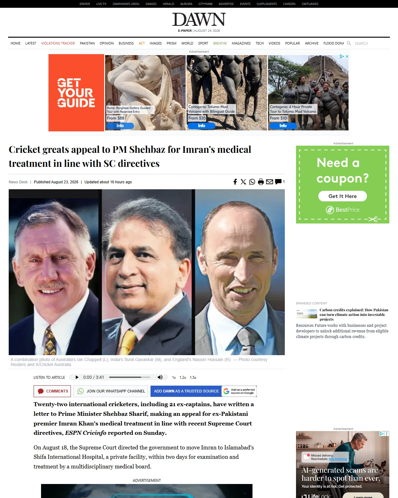 dawn.com as published: Cricket greats appeal to PM Shehbaz for Imran's medical treatment in line with SC directives