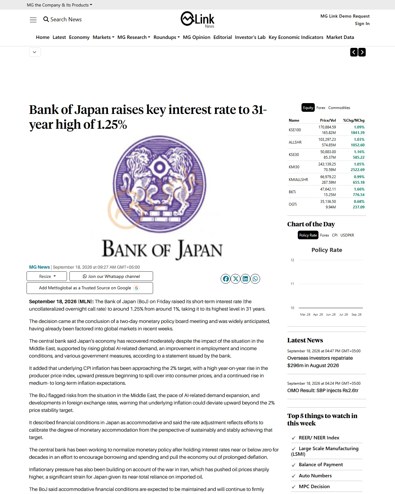 mettisglobal.news as published: Bank of Japan raises key interest rate to 31-year high of 1.25%