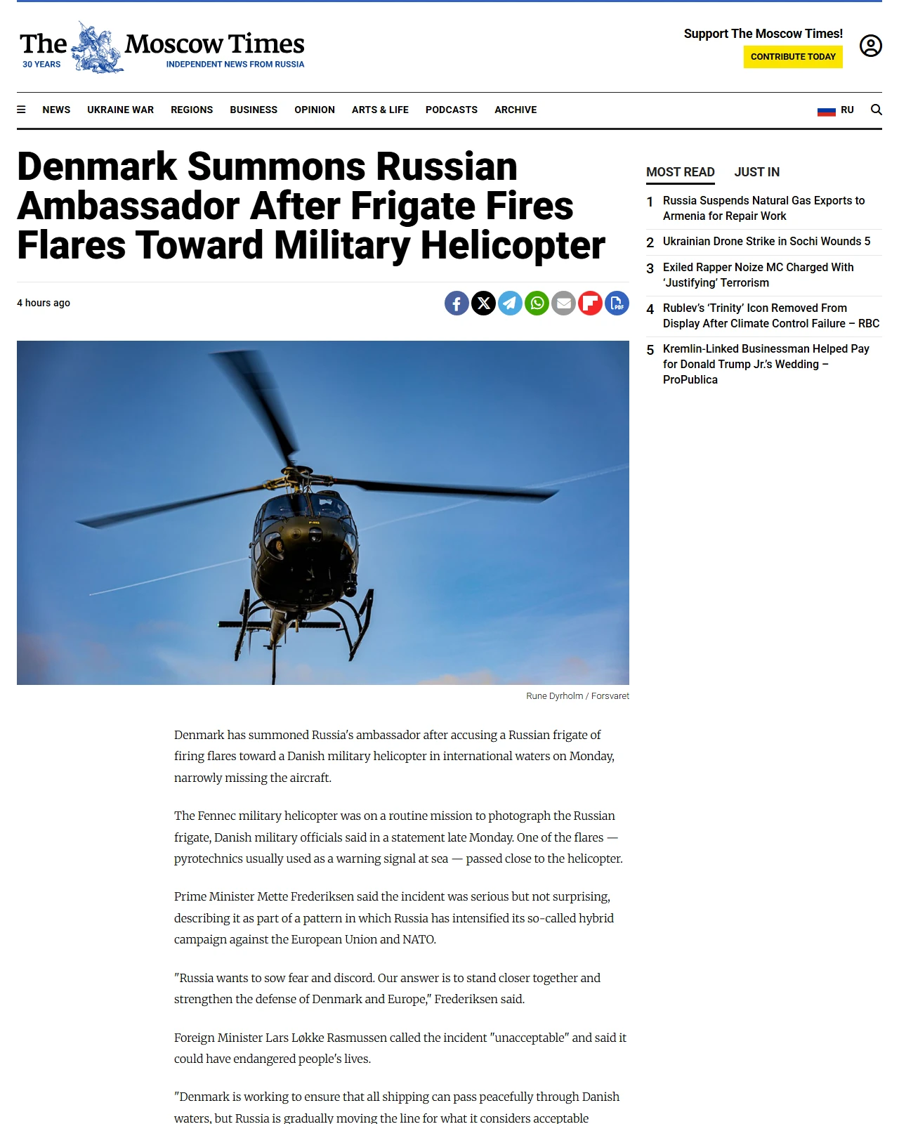 themoscowtimes.com as published: Denmark Summons Russian Ambassador After Frigate Fires Flares Toward Military Helicopter