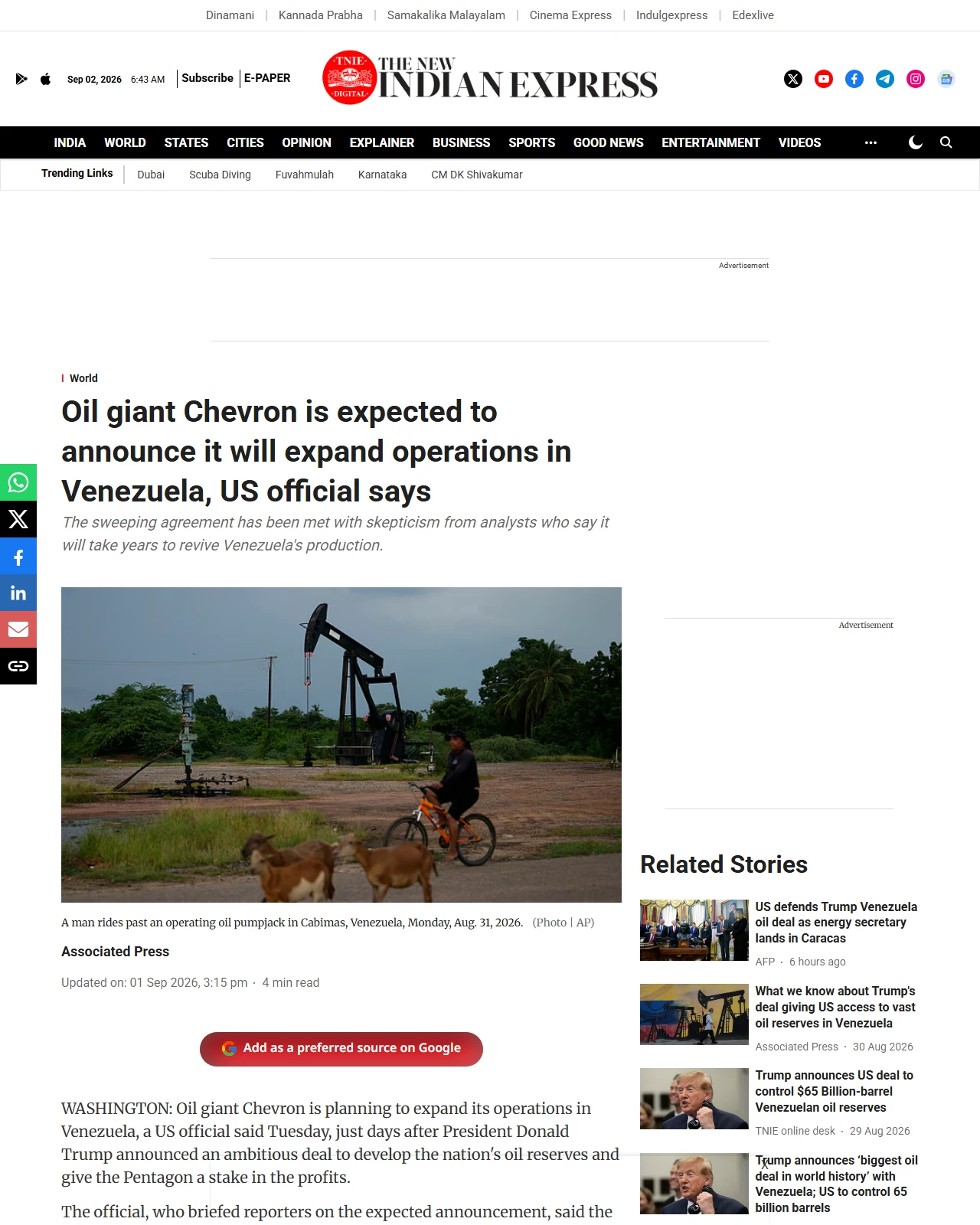 newindianexpress.com as published: Oil giant Chevron is expected to announce it will expand operations in Venezuela, US official says