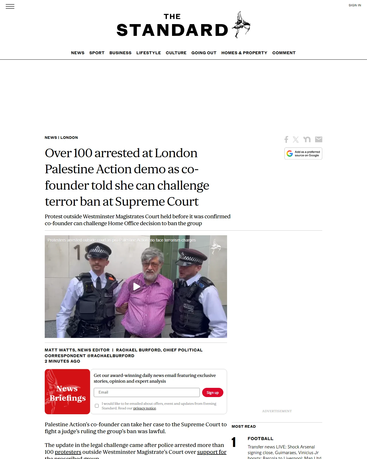 standard.co.uk as published: Scores arrested at London Palestine Action demo as co-founder told she can challenge terror ban at Supreme Court