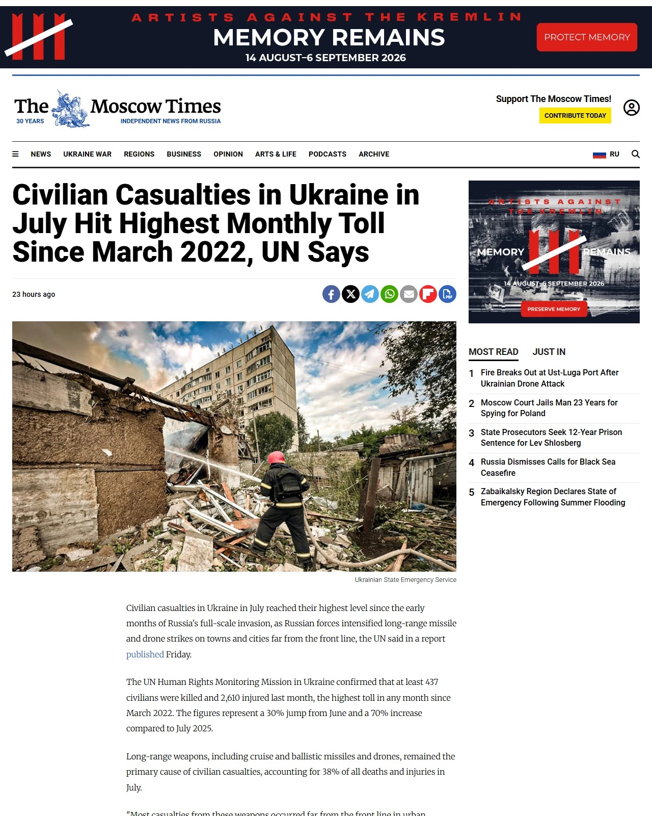 themoscowtimes.com as published: Civilian Casualties in Ukraine in July Hit Highest Monthly Toll Since March 2022, UN Says