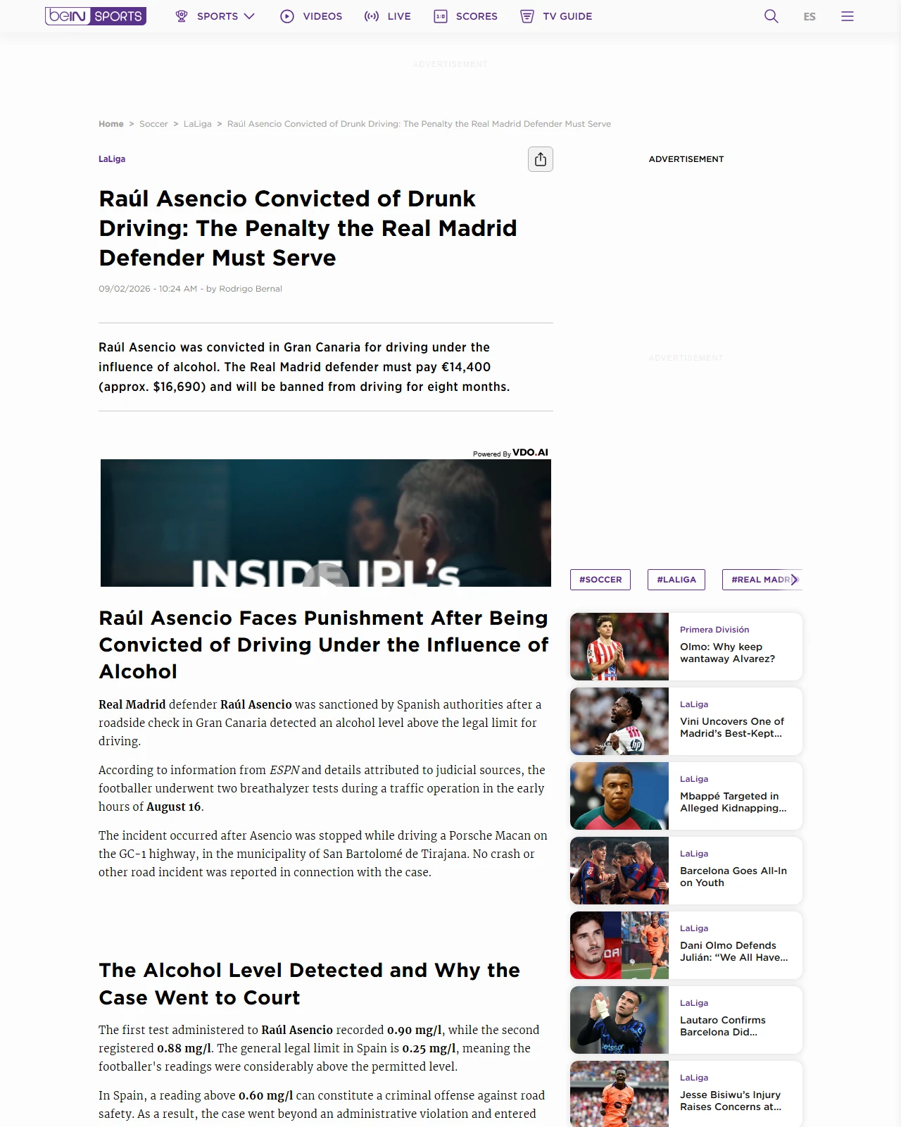 beinsports.com as published: Raúl Asencio Convicted of Drunk Driving: The Penalty the Real Madrid Defender Must Serve