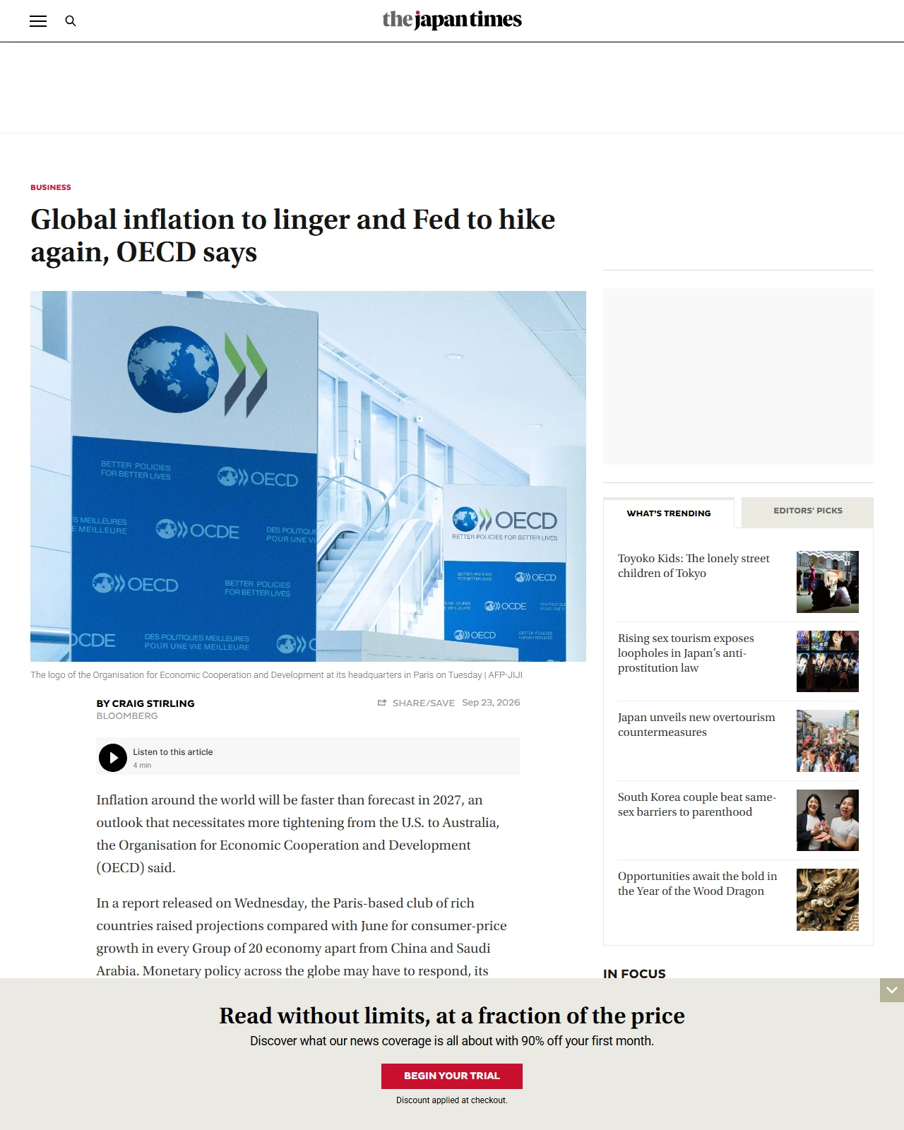 japantimes.co.jp as published: Global inflation to linger and Fed to hike again, OECD says