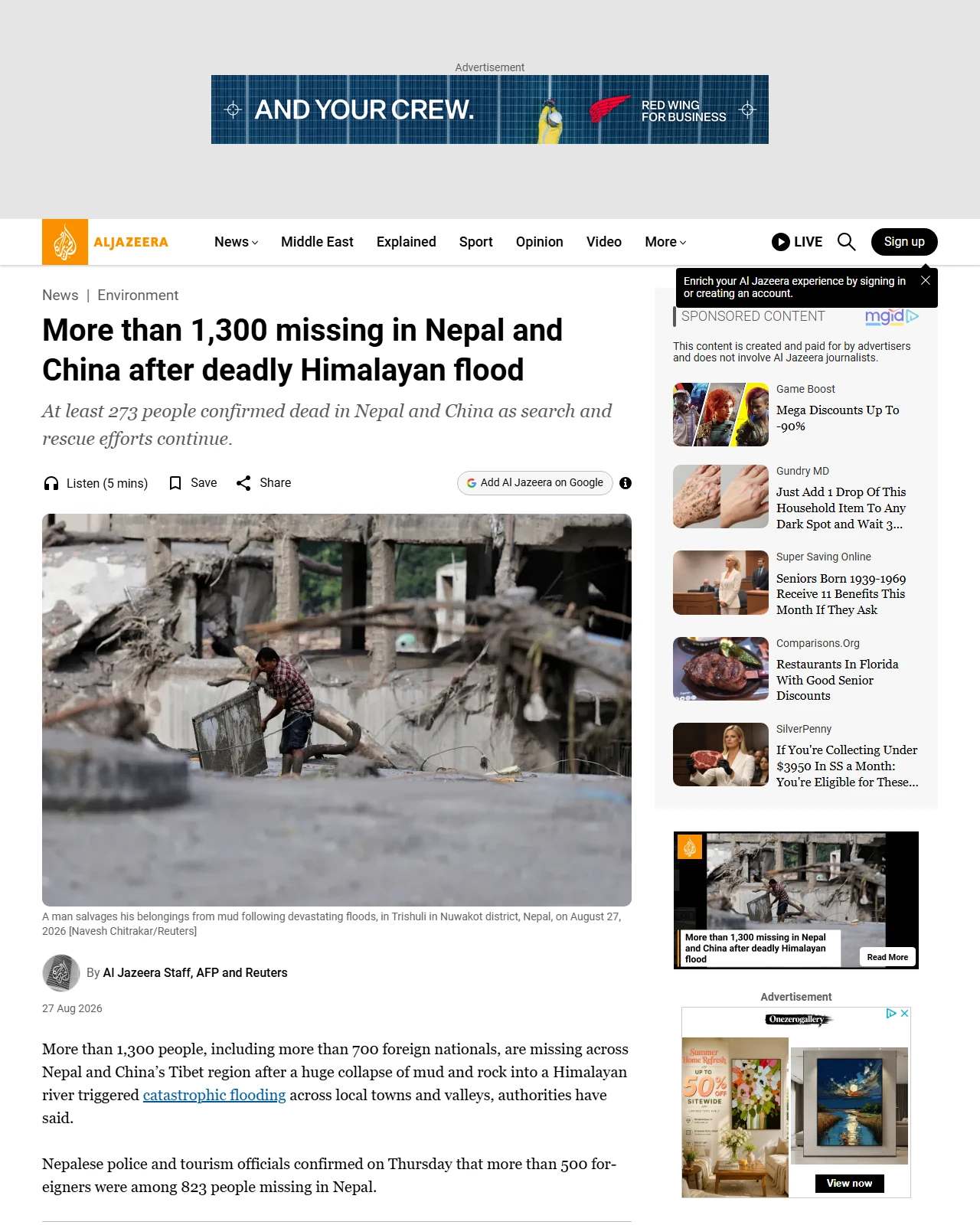 aljazeera.com as published: More than 1,300 missing in Nepal and China after deadly Himalayan flood
