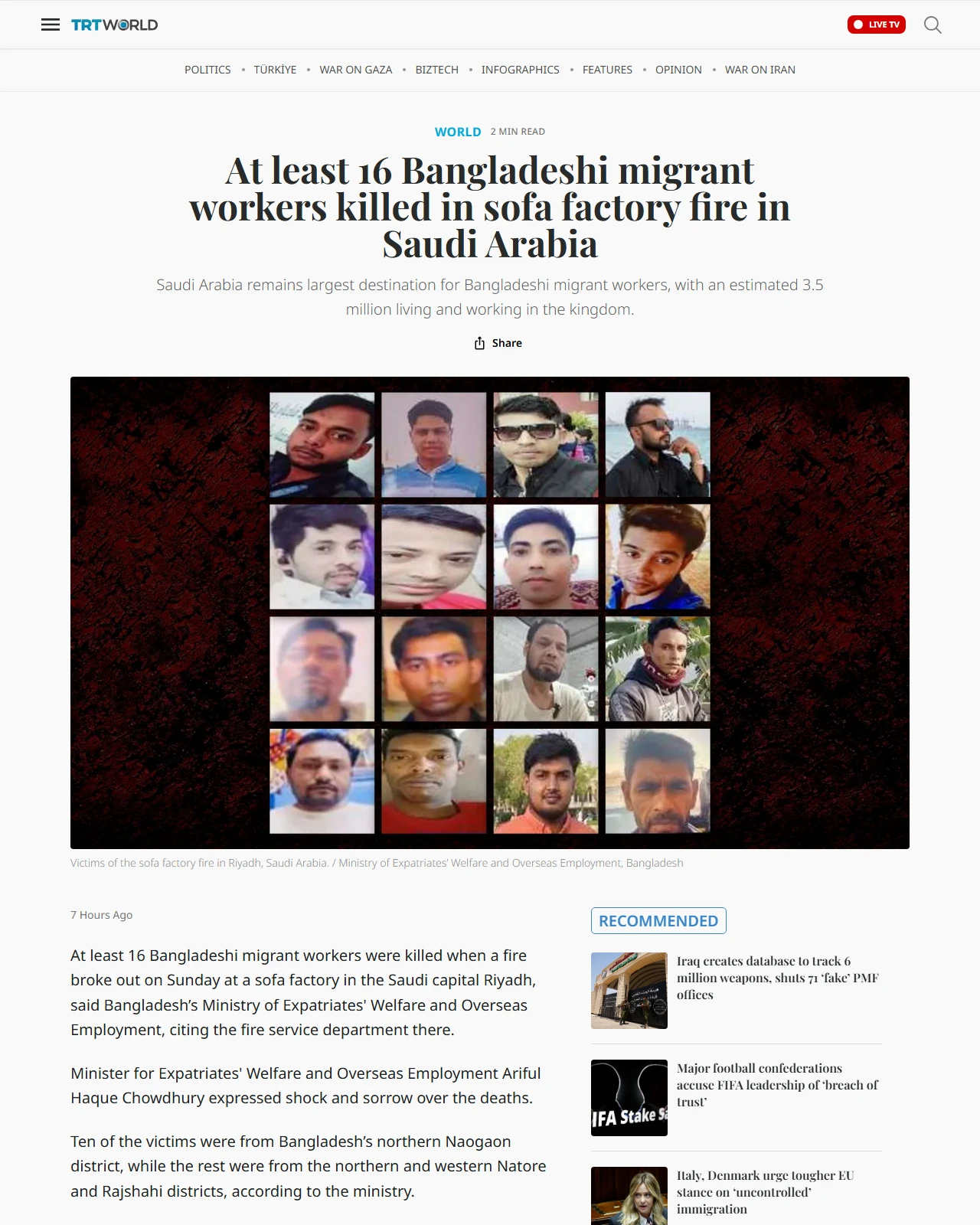 trtworld.com as published: At least 16 Bangladeshi migrant workers killed in sofa factory fire in Saudi Arabia