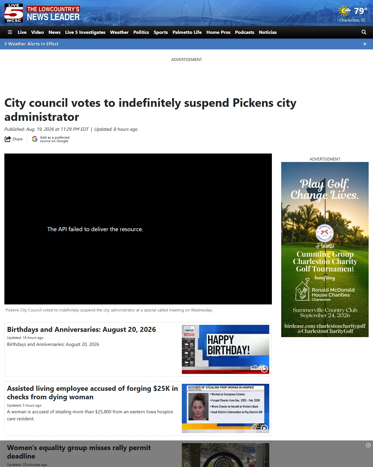 live5news.com as published: City council votes to indefinitely suspend Pickens city administrator