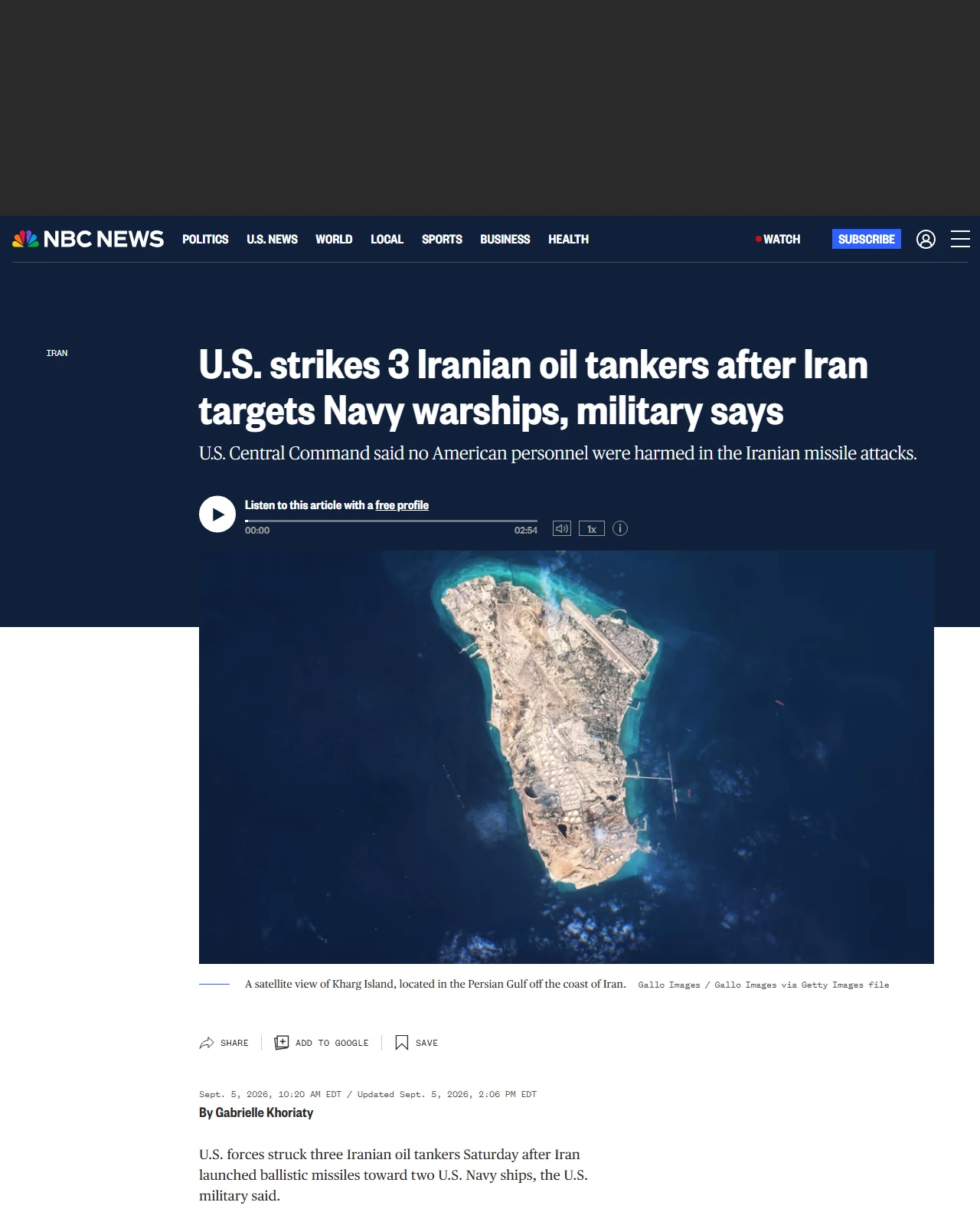 nbcnews.com as published: U.S. strikes 3 Iranian oil tankers after Iran targets Navy warships, military says