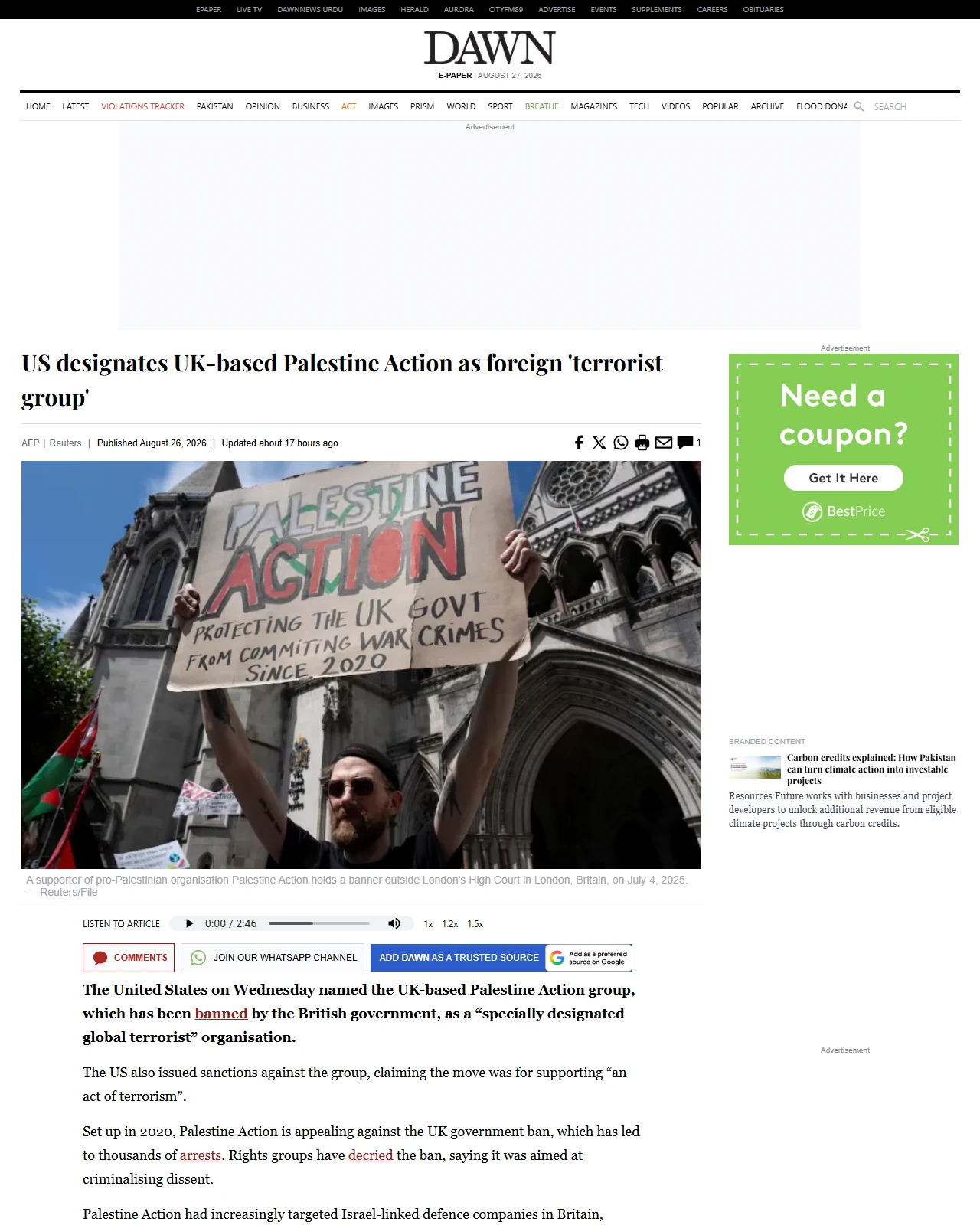 dawn.com as published: US designates UK-based Palestine Action as foreign 'terrorist group'