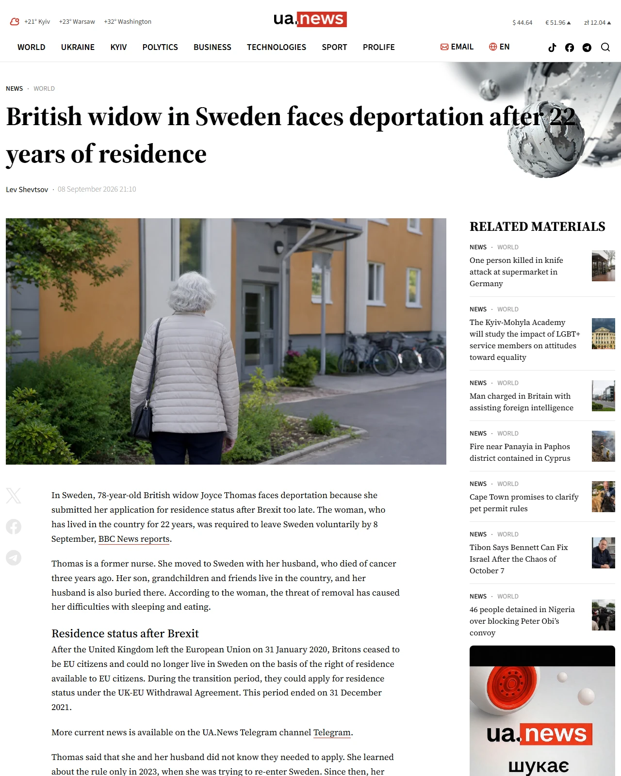 ua.news as published: British widow in Sweden faces deportation after 22 years of residence