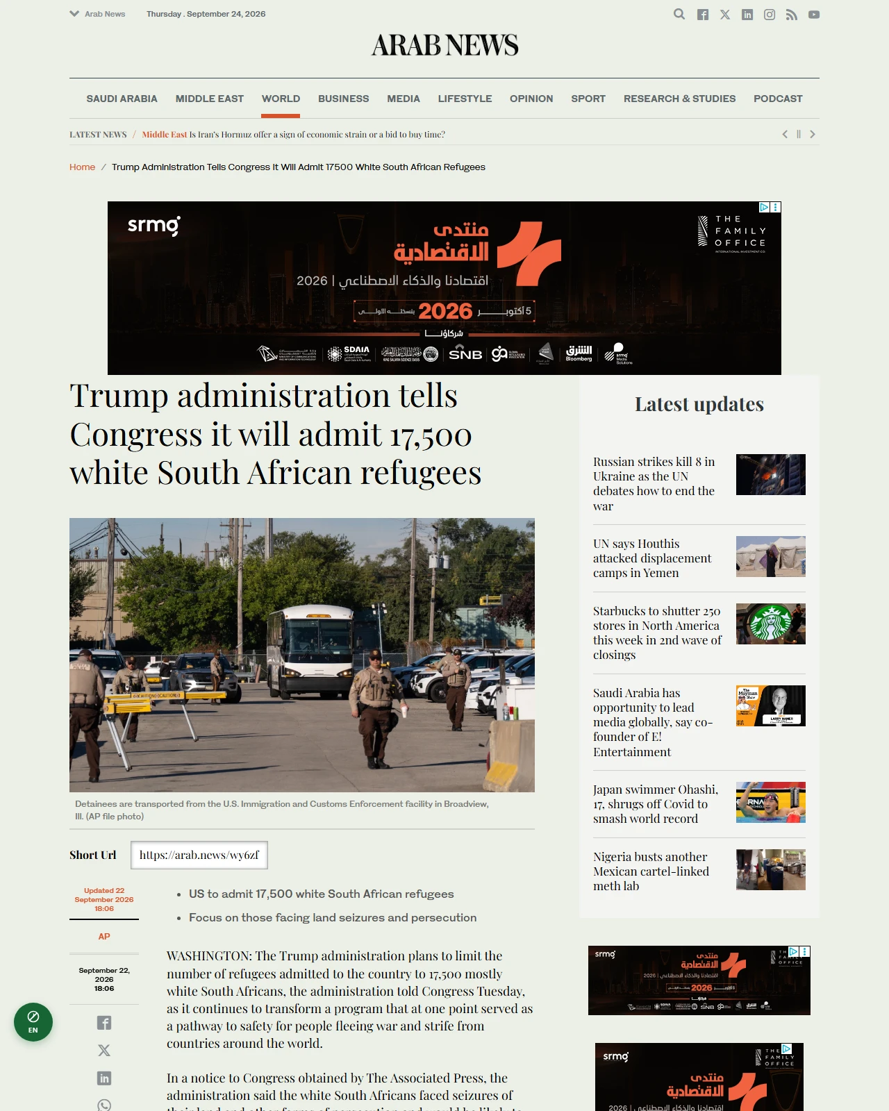 arabnews.com as published: Trump administration tells Congress it will admit 17,500 white South African refugees