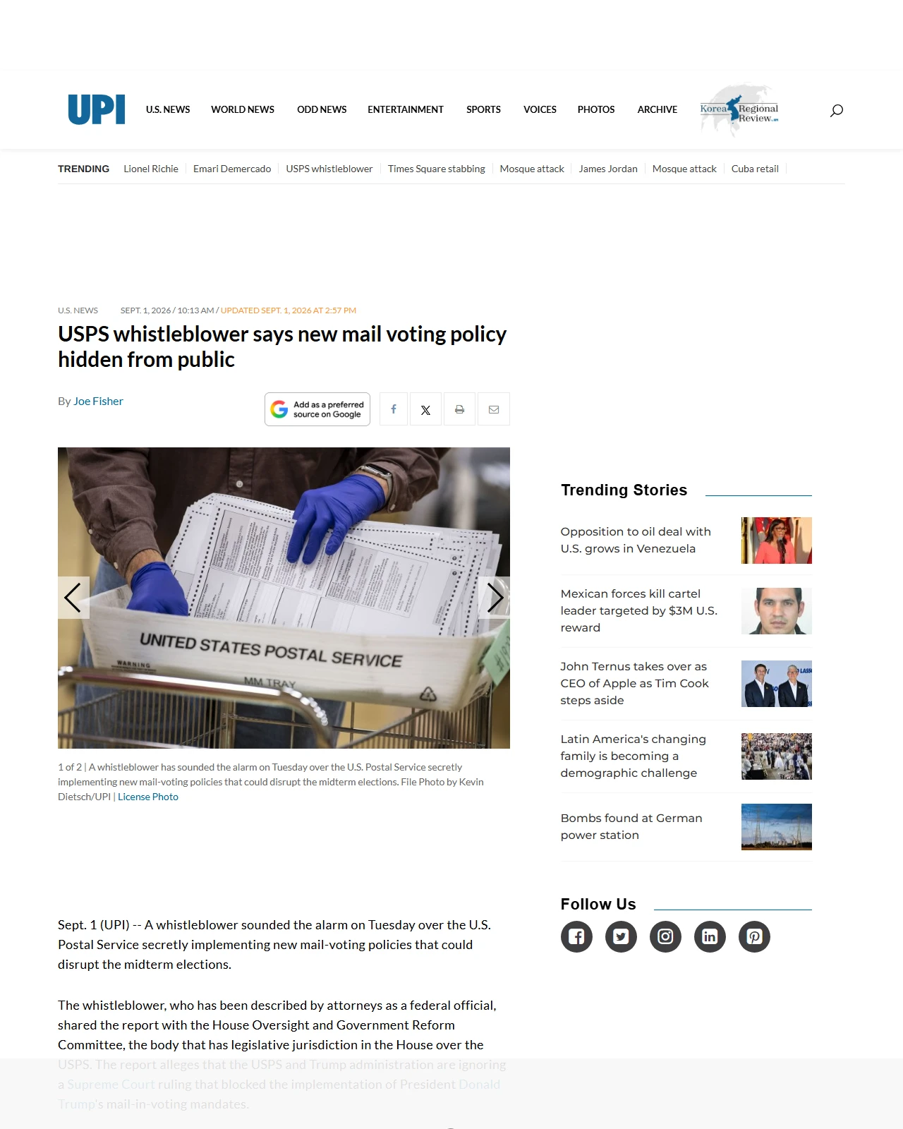 upi.com as published: USPS whistleblower says new mail voting policy hidden from public