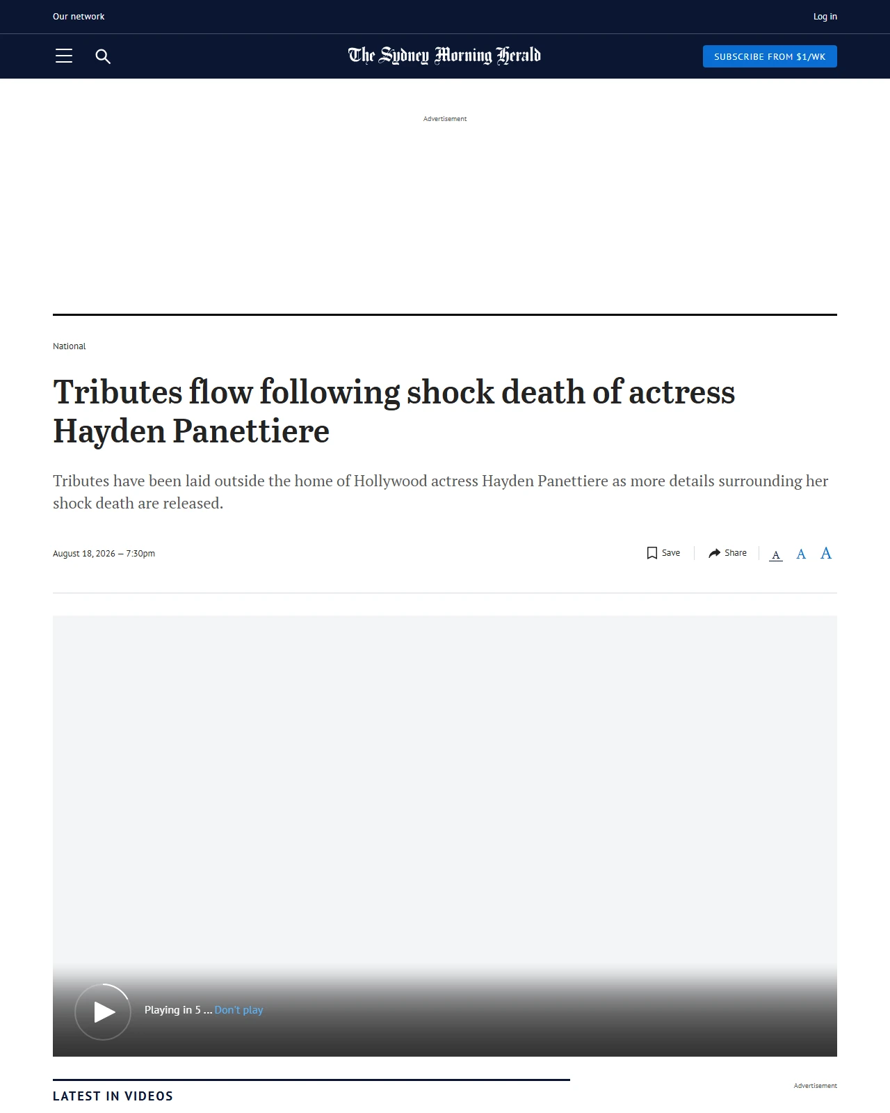 smh.com.au as published: Tributes flow following shock death of actress Hayden Panettiere