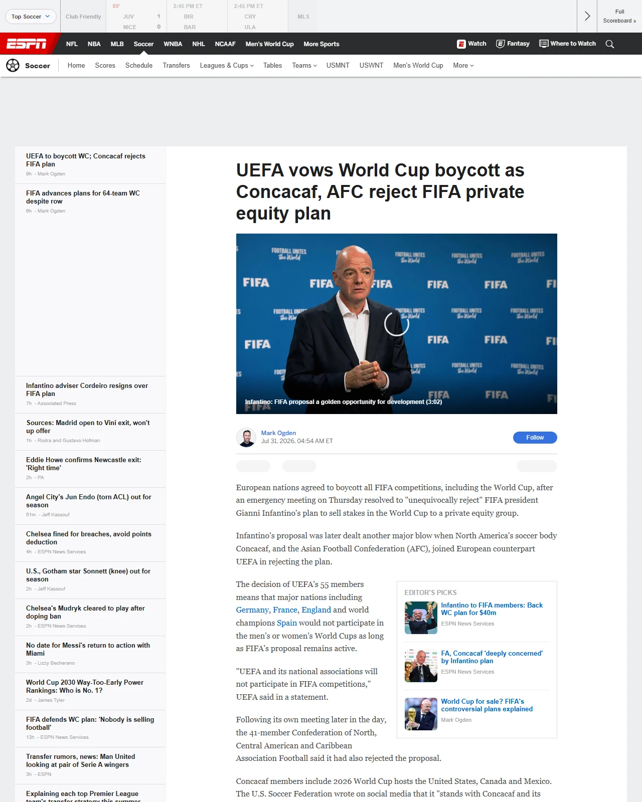 espn.com as published: UEFA vows World Cup boycott as Concacaf, AFC reject FIFA private equity plan